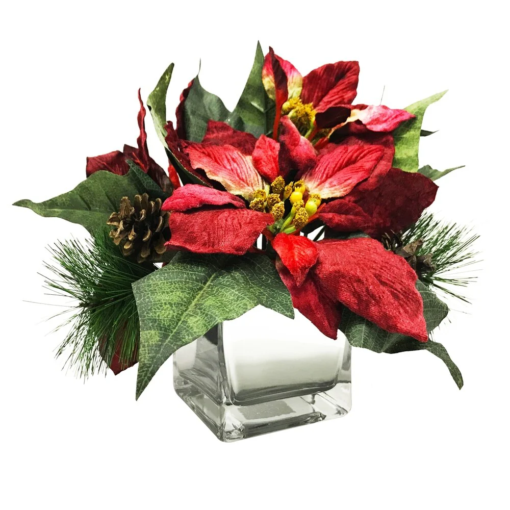 Festive velvet poinsettia in silver cube