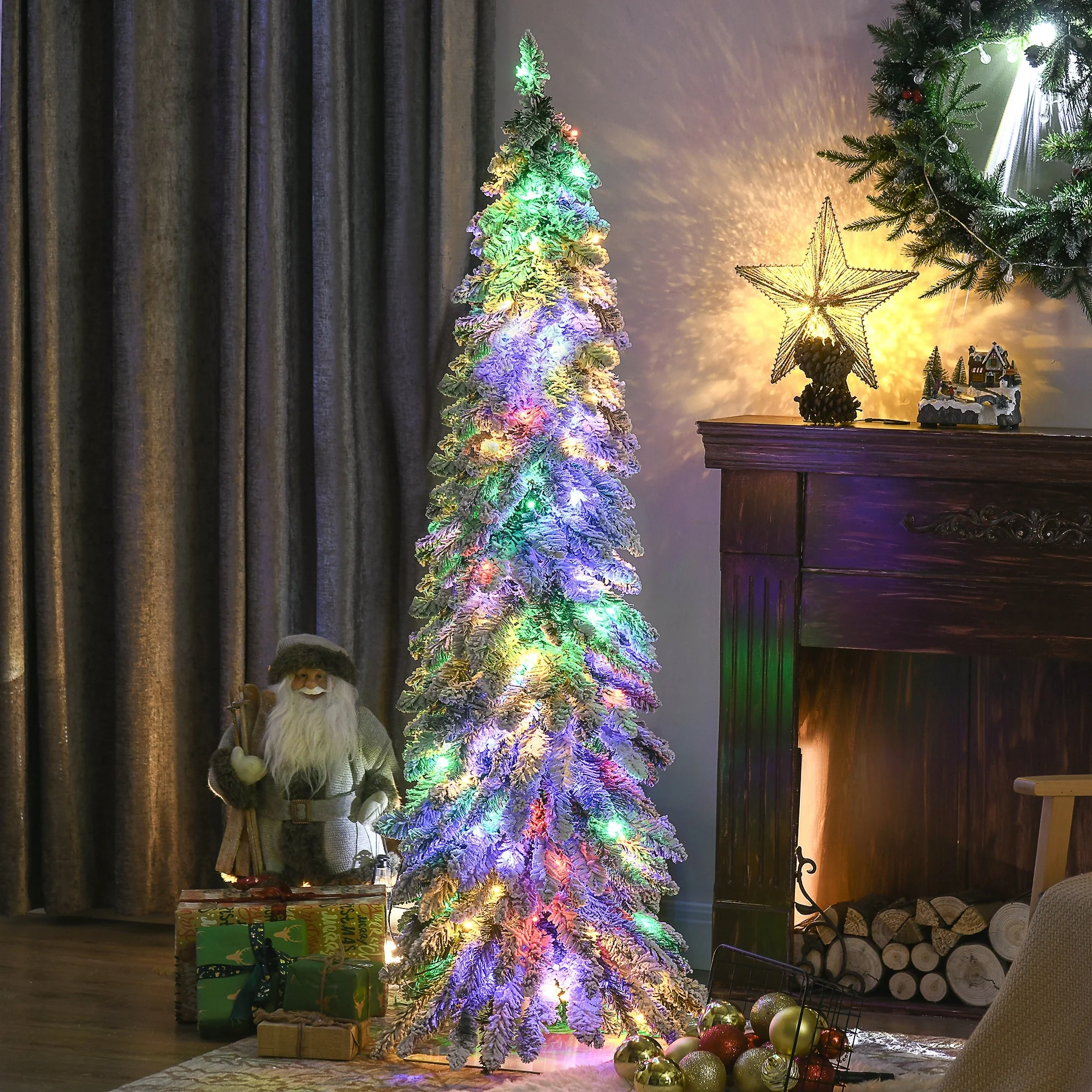 HOMCOM 5ft Tall Prelit Pencil Artificial Christmas Tree Holiday Décor with 334 Snow Flocked Branches, Downswept Shape - 5.91 ft