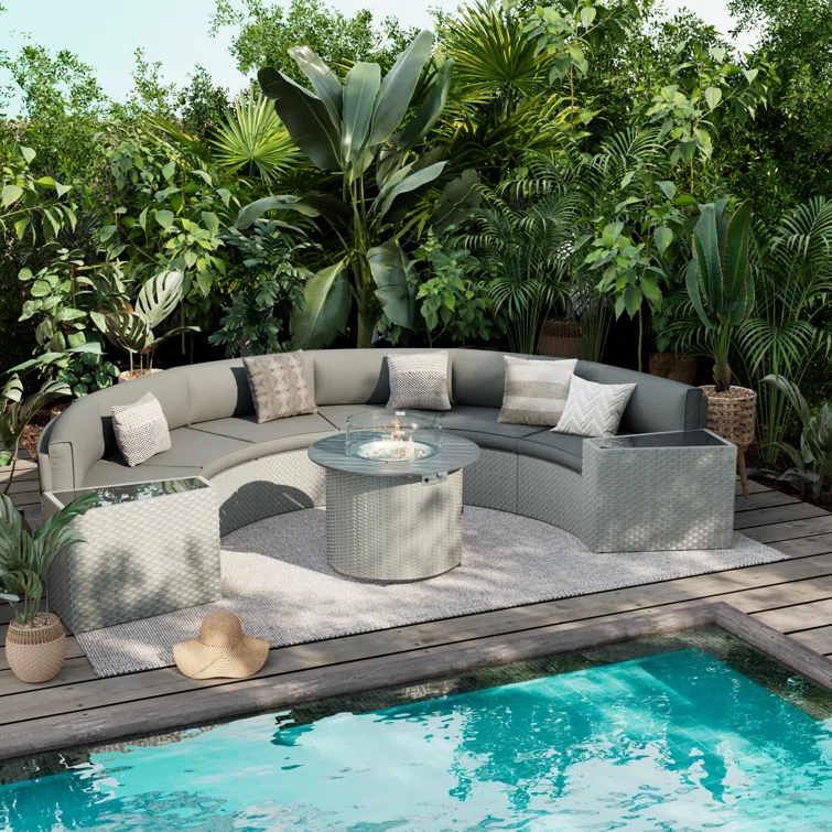 Meredithe Half-Moon 6 - Person Fully Assembled Curved Patio Conversation Set With Fire Pit Table & Side Table