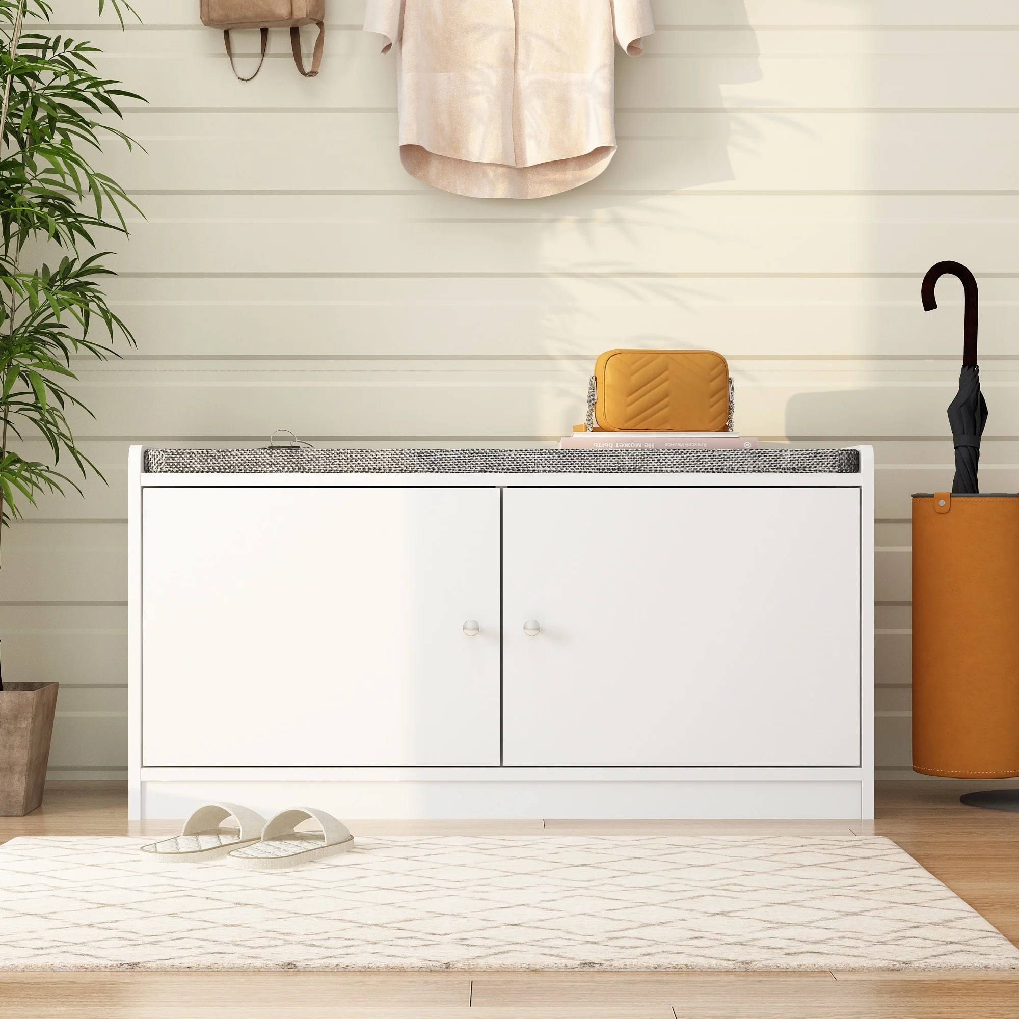 Hallway Shoes Storage Cabinet Bench with 2-Door & Padded Seat Cushion