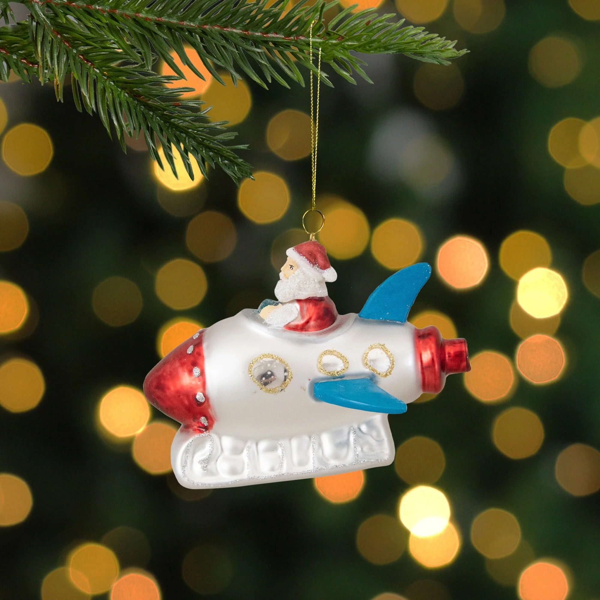 Santa in a Rocket Ship Glass Christmas Ornament - 4.25