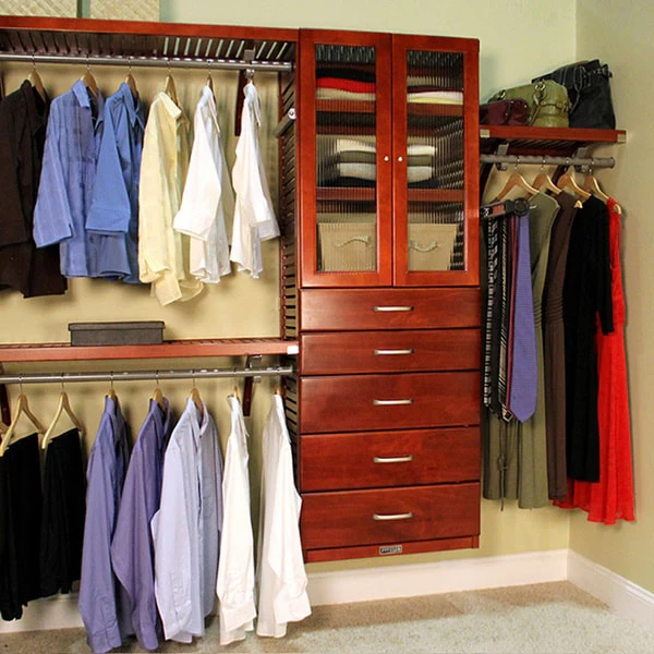 John Louis Home Solid Wood Walk-In Closet System with 5-Drawers and Doors Red Mahogany