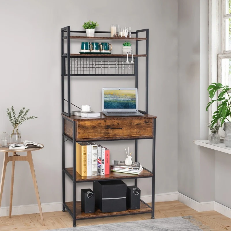 5-Tier Kitchen Bakers Rack with 10 S Hooks and 1 drawer Rustic Brown