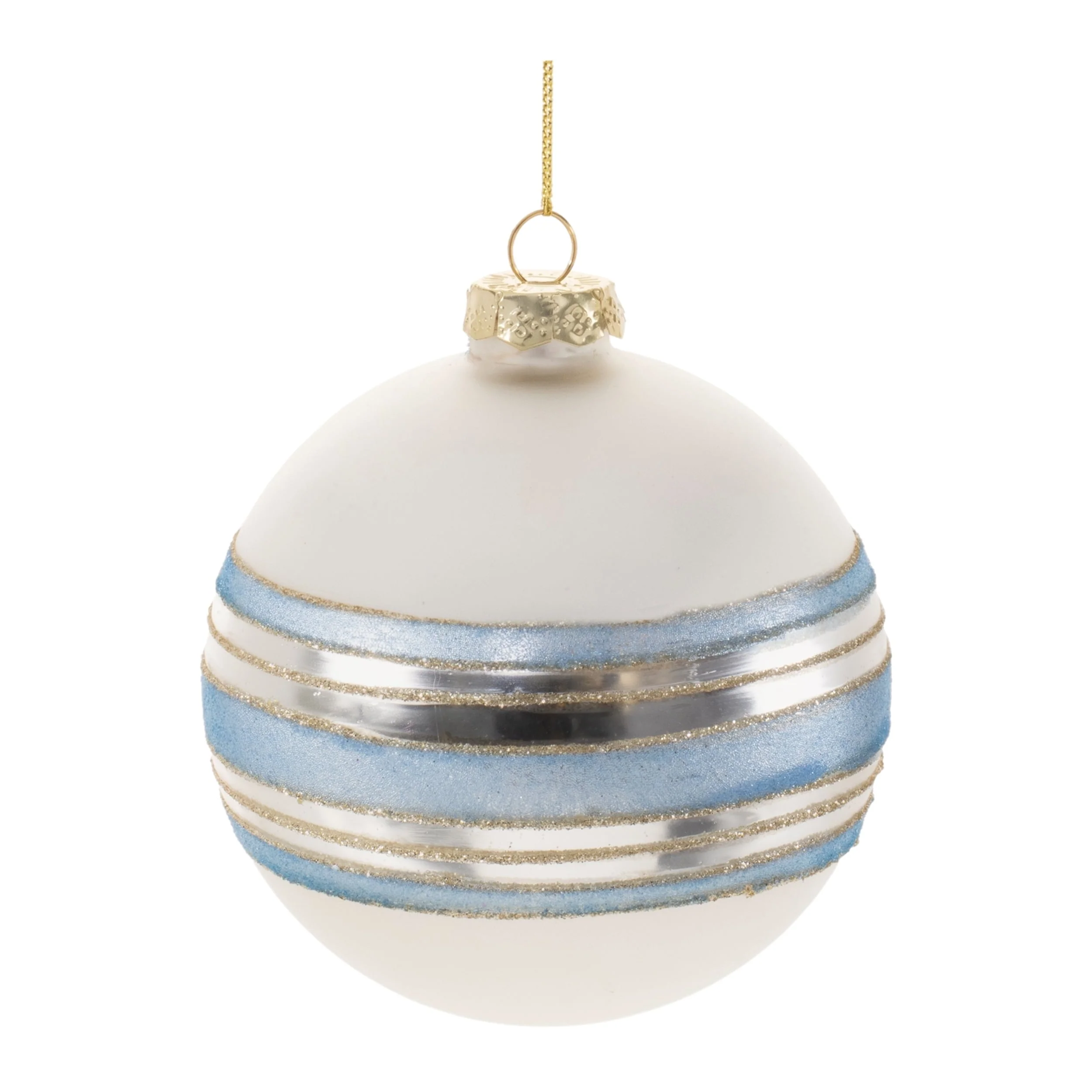 Frosted Glass Striped Ball Ornaments Set of 6 Holiday Decor - 4” x 4” x 4.5” (L x W x H)