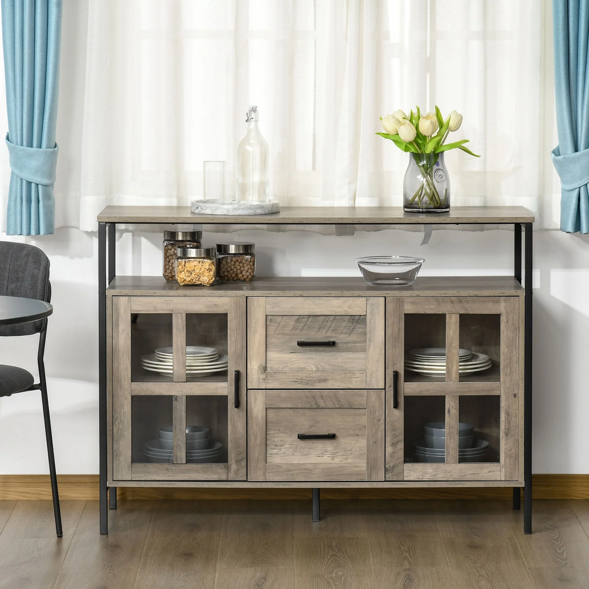 HOMCOM Rustic Kitchen Sideboard, Serving Buffet Cabinet with Adjustable Shelves, Glass Doors, and 2 Drawers