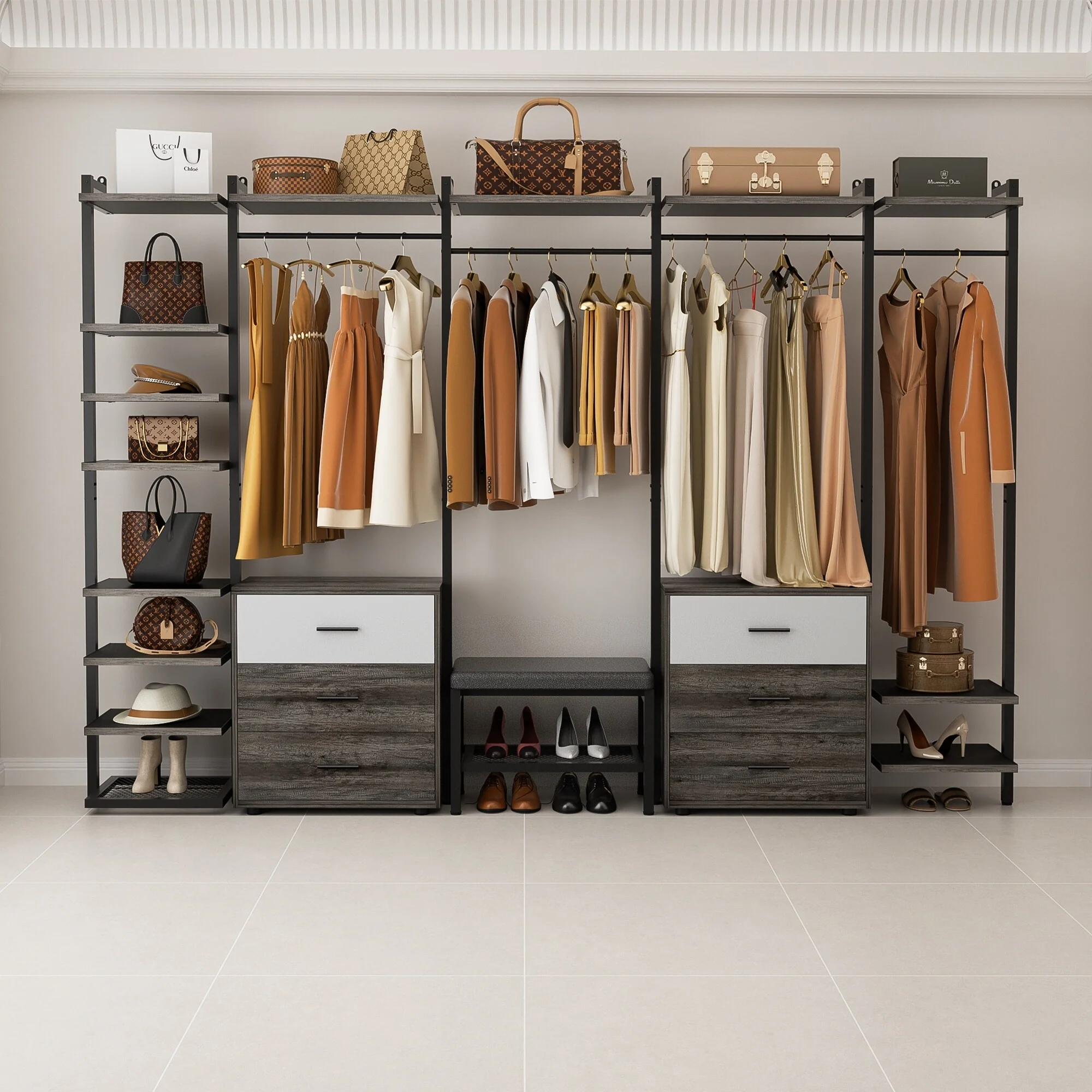 Walk in Closet System with 6 Closet Drawers, 96'' Multifunctional Clothes Rack Closet Organizer