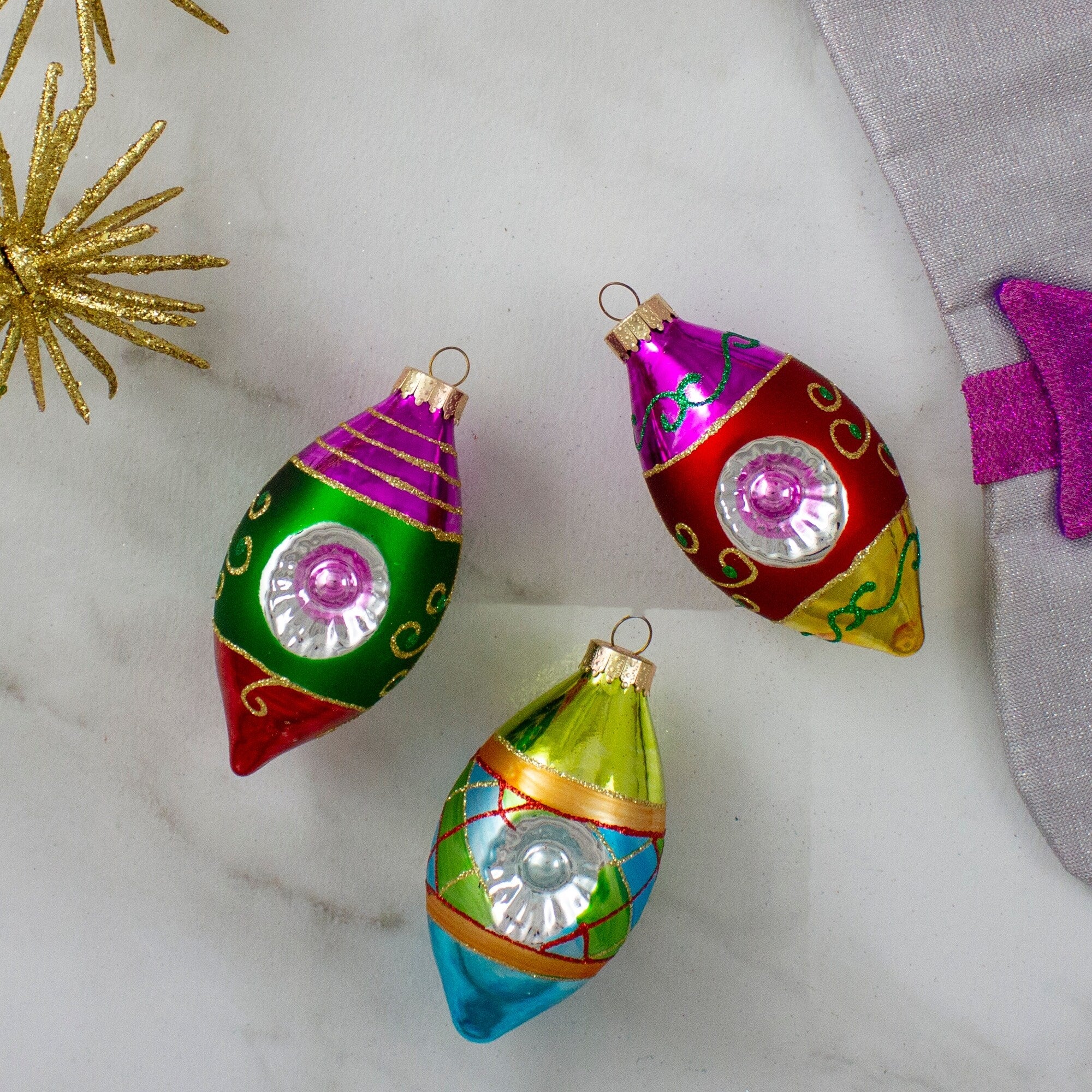 3ct Multi Retro Reflectors Glass Finial Christmas Ornament Set 4.25