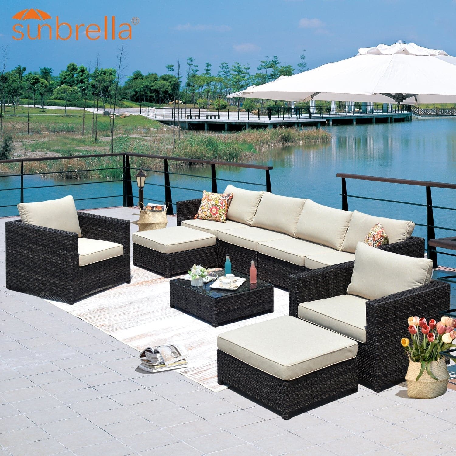 Ovios Outdoor Furniture Bigger Size 9-Piece, King Series, Sunbrella, Fully Assembled, with 2 Chairs
