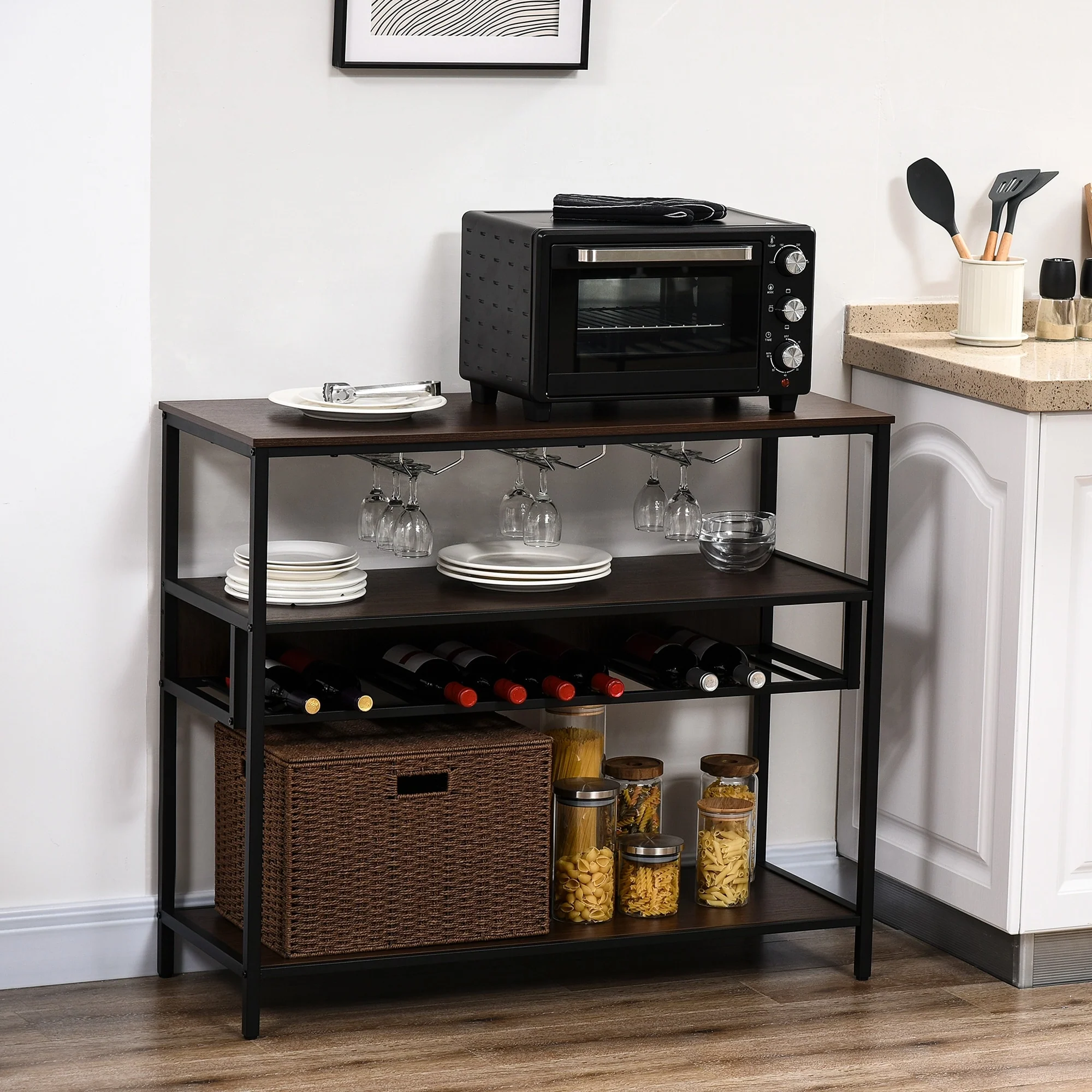 HOMCOM Industrial Wine Rack with 11-Bottles Holder, Free Standing Wine Shelf with Glass Holders, Dark Brown