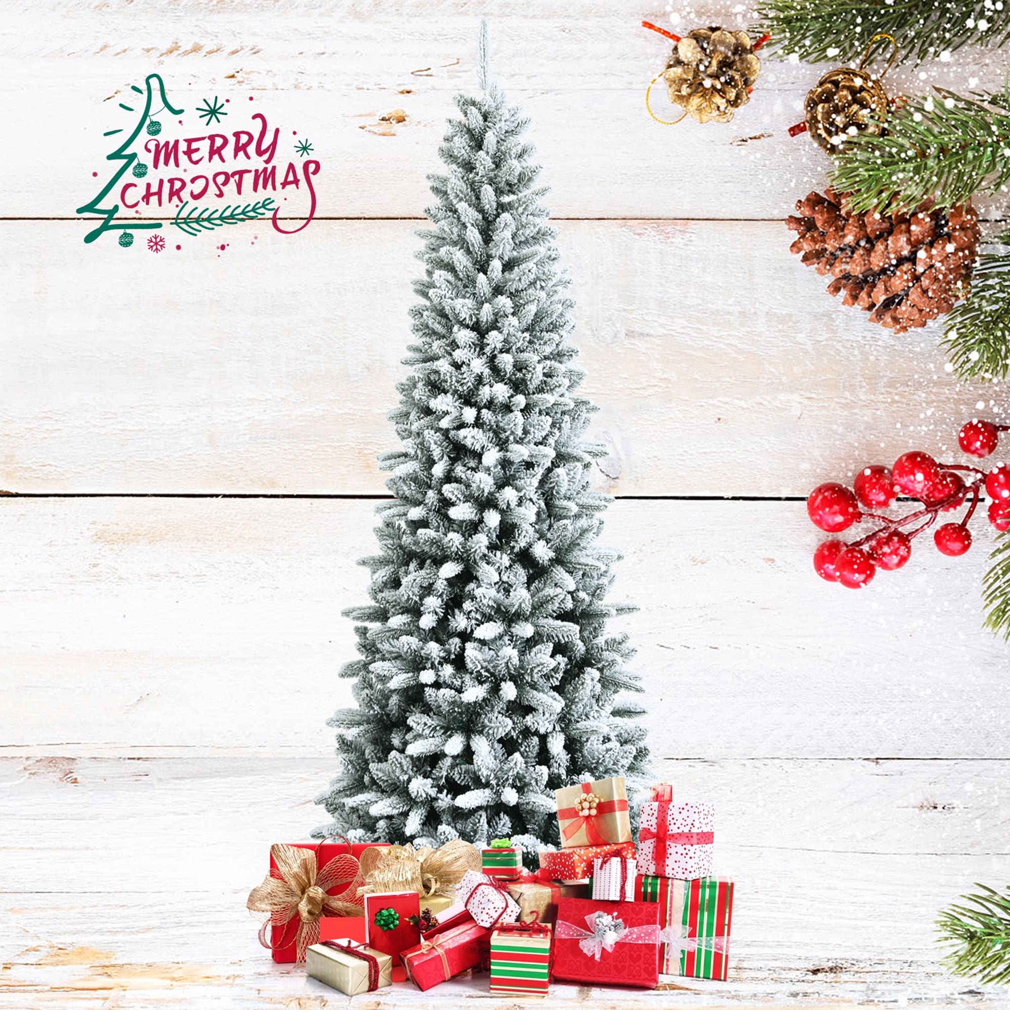 Gymax 4.5/6.5/7.5 FT Artificial Slim Christmas Tree Unlit Snow-Flocked