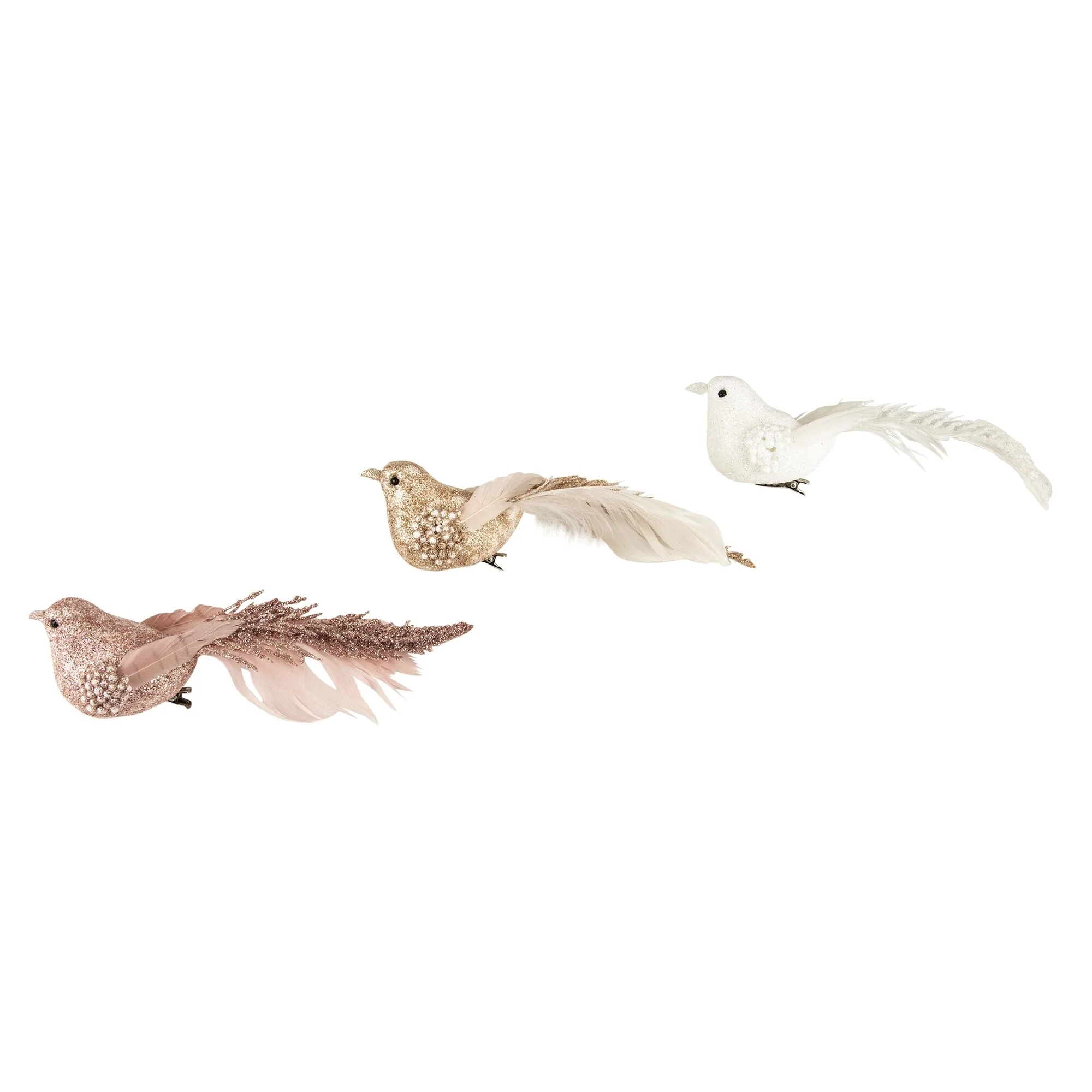 3 Glittered Pink White Champagne Bird Clip On Christmas Ornaments 6.5