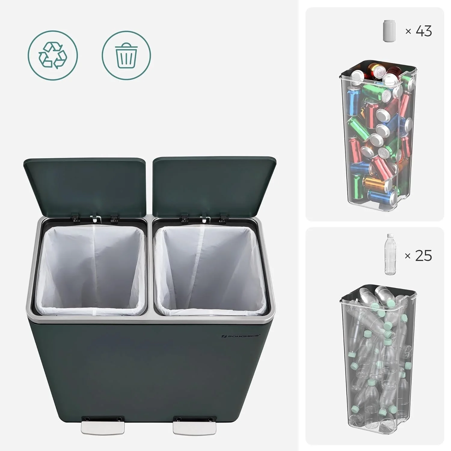 SONGMICS Dual Trash Can, 2x 8 Gallon Stainless Steel Garbage Can, Gray