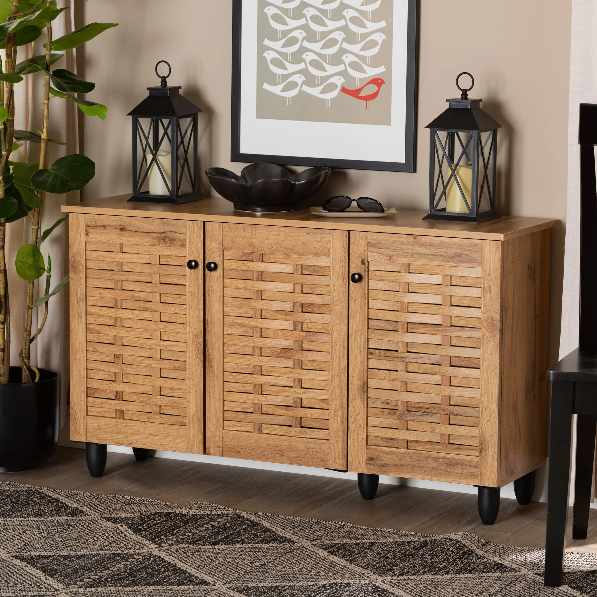 Winda Modern Oak Brown Finished Wood 3-Door Shoe Cabinet