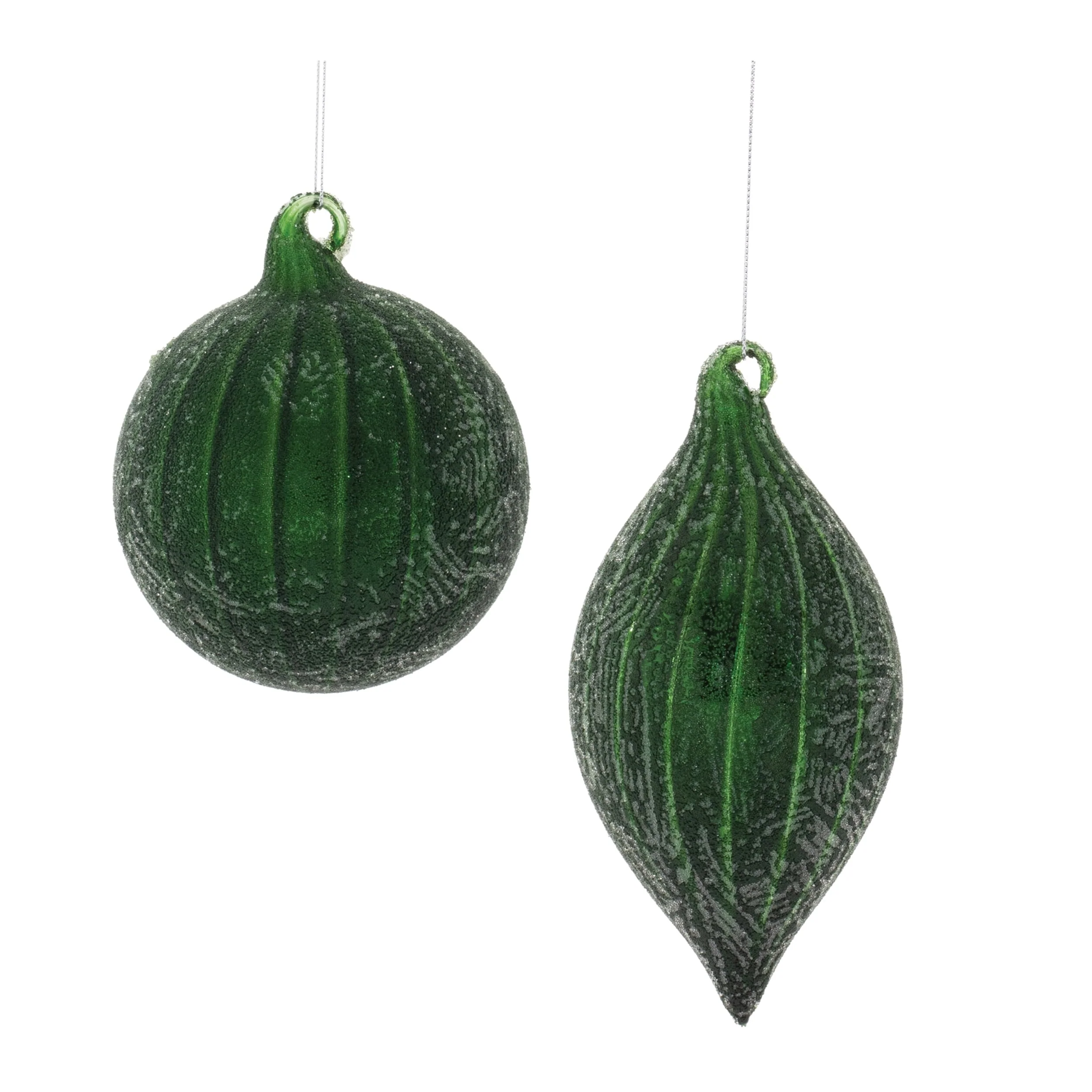 Glass Beaded Ornaments Set of 6 with Ribbed Texture and String Hangers - 4” x 4” x 4.75” (L x W x H)