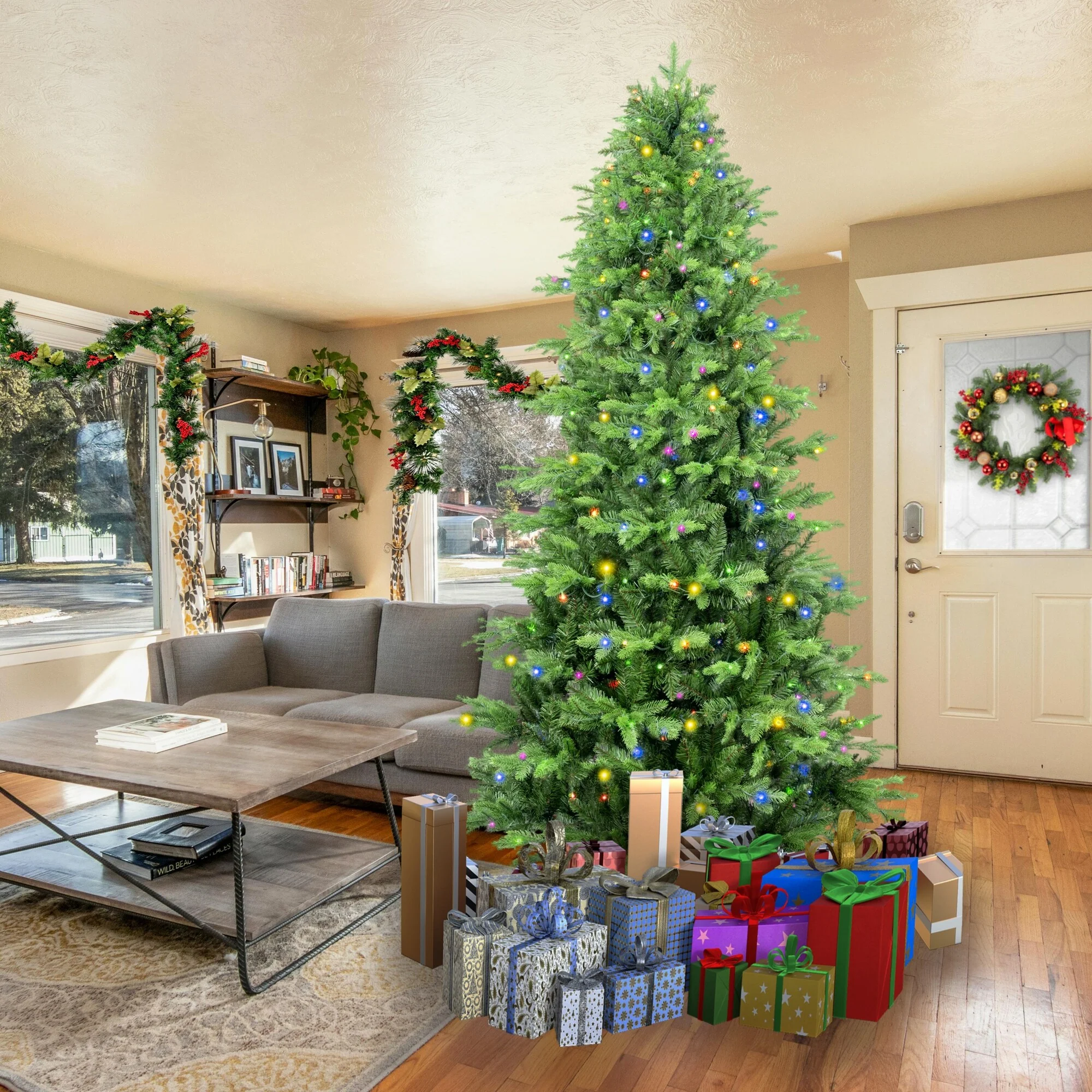 6.5FT Artificial Green Christmas Tree, Pre-Lit with 450 LED Lights & 1791 Tips, Easy Assembly & Metal Stand