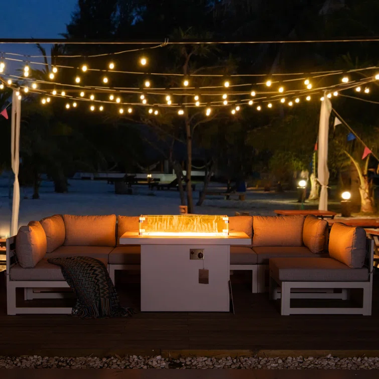 Tuyen 7 Piece Aluminum Complete Patio Set with Fire Pit Table and Cushions