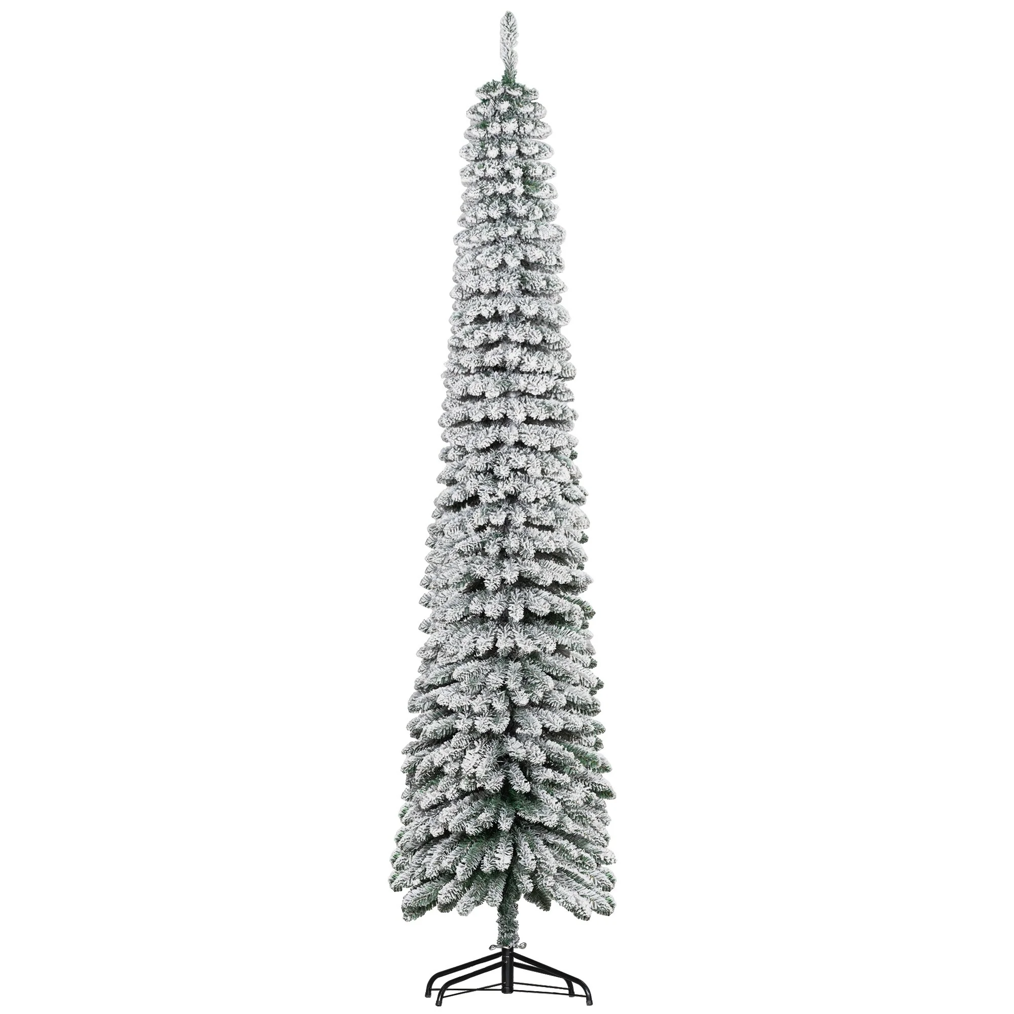 8ft Slim Pencil Artificial Christmas Tree with Snow Flocked Tips, 603 Branches