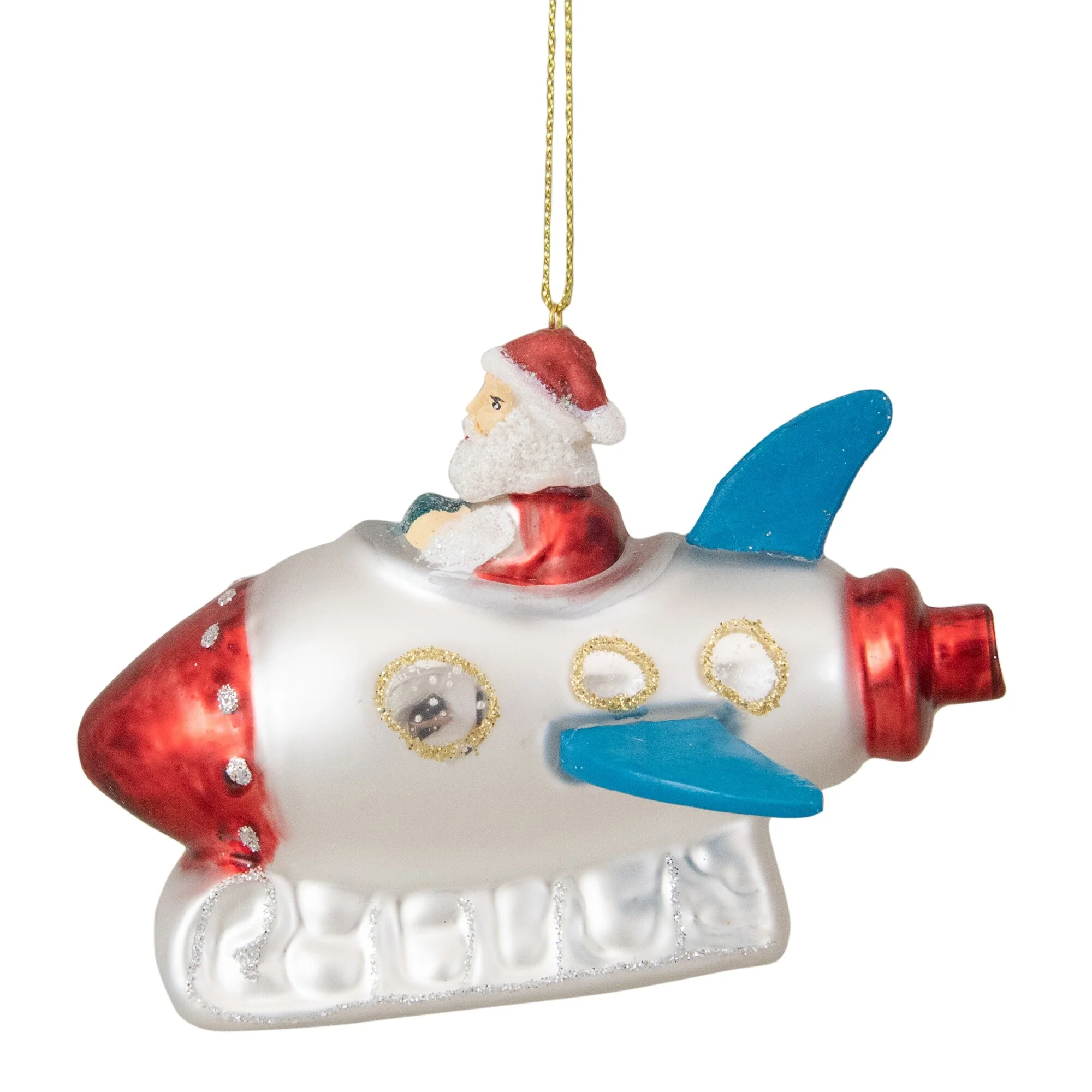 Santa in a Rocket Ship Glass Christmas Ornament - 4.25