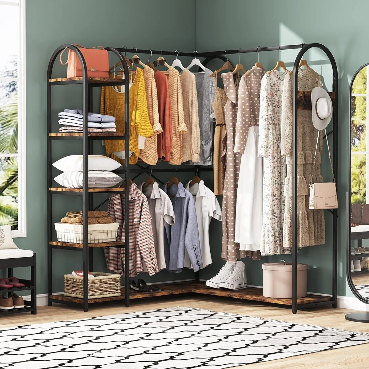 L Shape Clothes Rack Corner Garment Rack with Storage Shelves and Hanging Rods