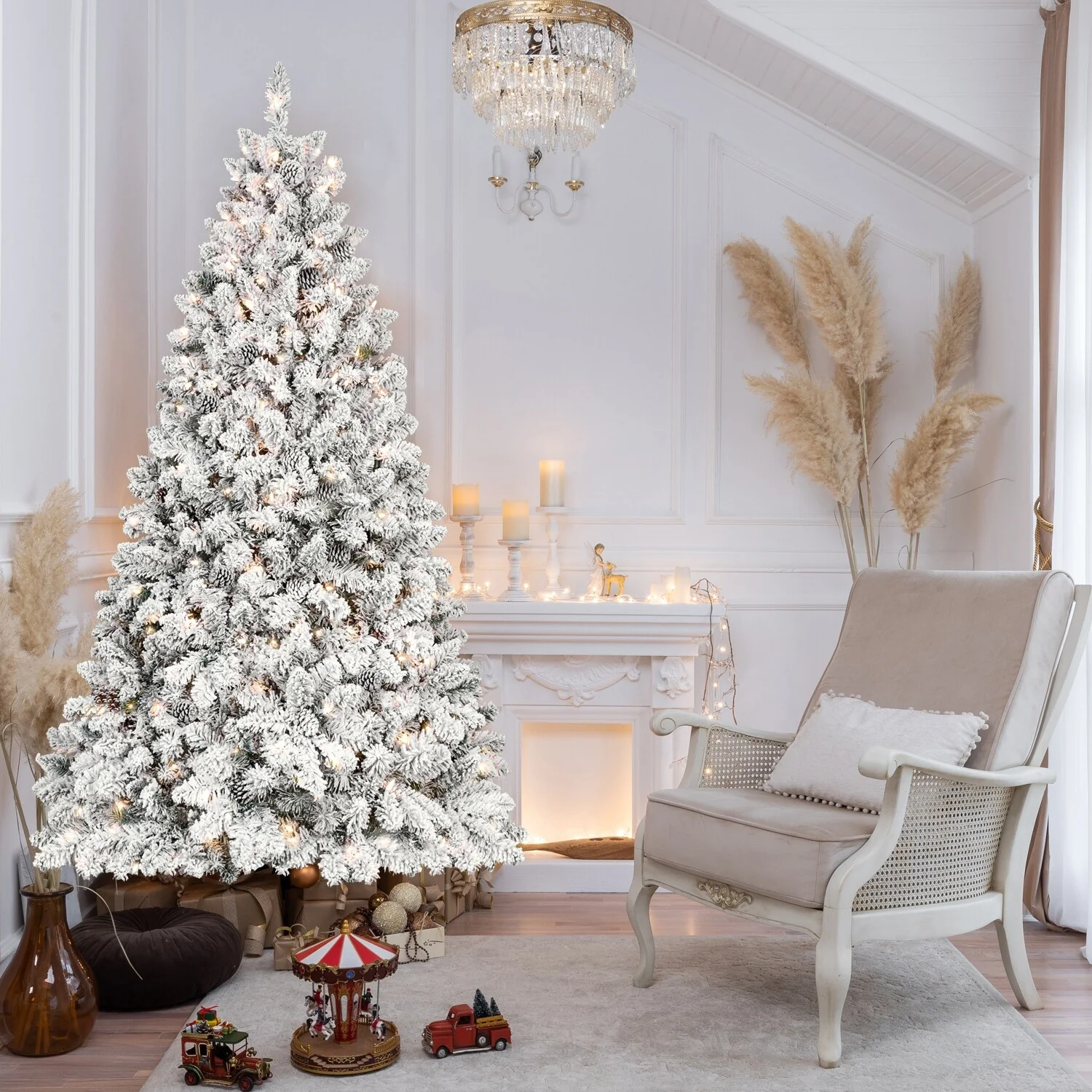 4FT Flocked Christmas Tree with 150 UL Lights and 21 Natural Pine Cones-Snowy PVC Tips, 366 Tips, Hinged Structure