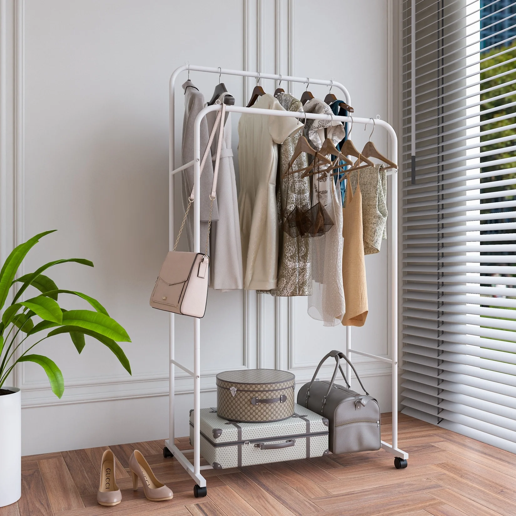Heavy Duty Clothes Rack Double Rod Clothing Stand with Shelf - 31.4x20x61 inch