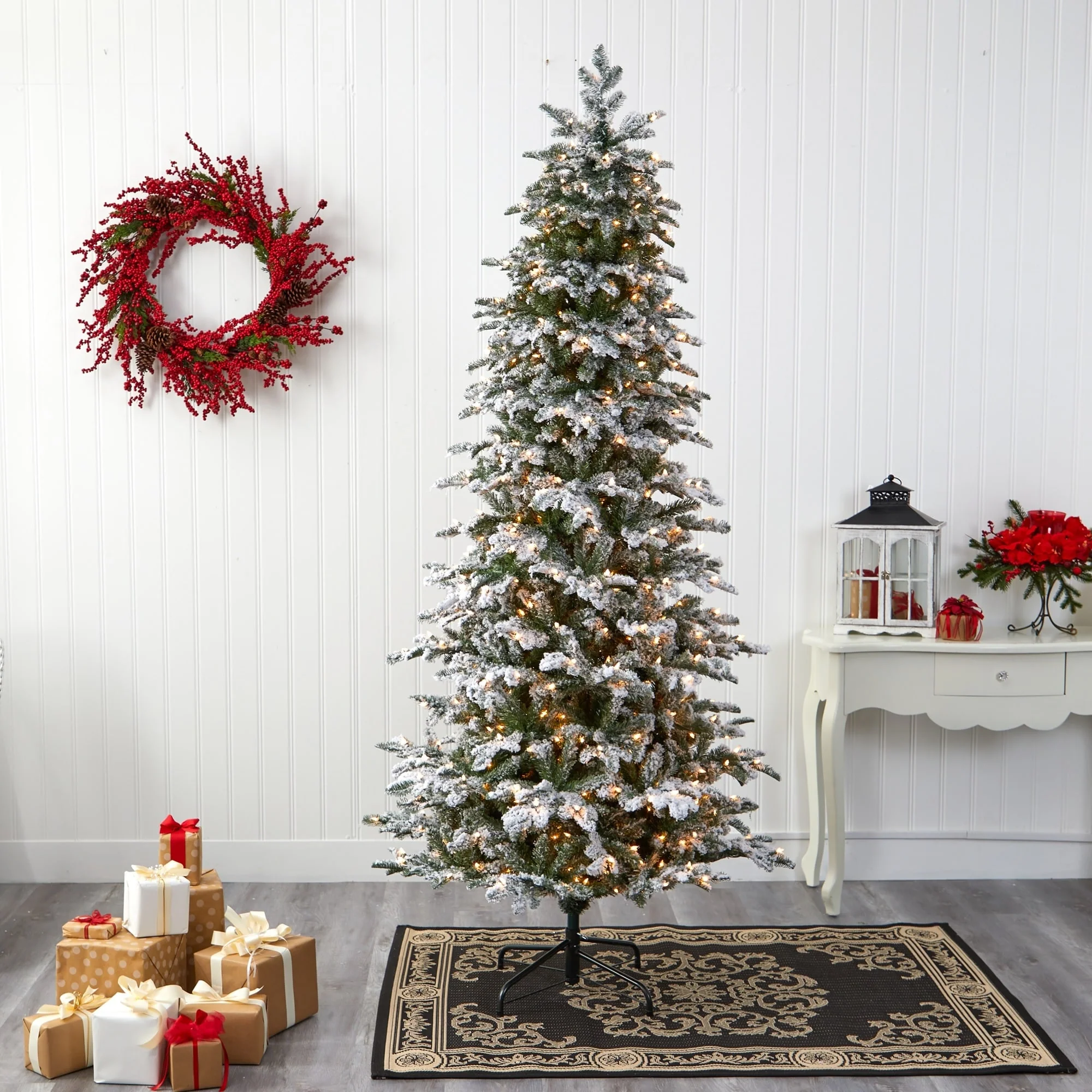 8' Flocked North Carolina Fir Artificial Christmas Tree Clear LED - 8 Foot