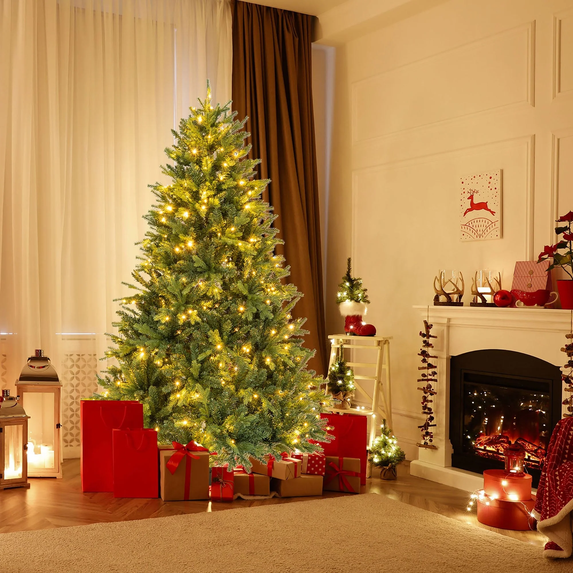 Gymax 5/6 FT Pre-Lit Artificial Christmas Tree Hinged Xmas Tree w
