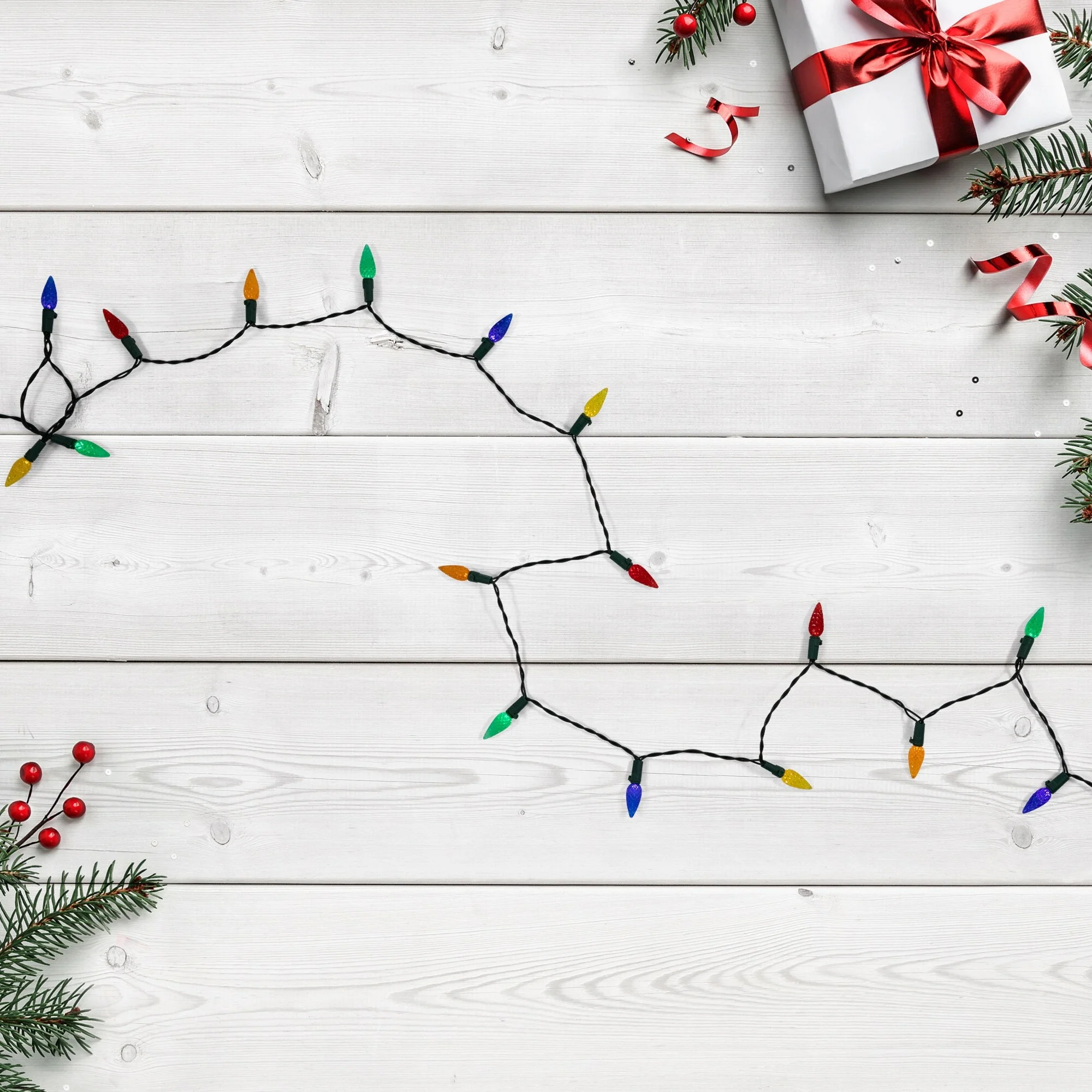 Battery Operated LED C6 Faceted Christmas Lights - Multicolor - 15.75’ Green Wire - 50ct