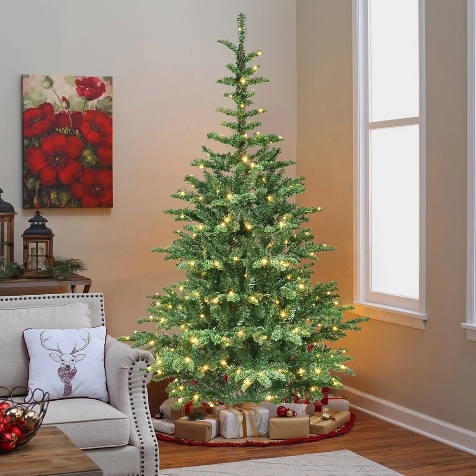 5ft Pre-Lit Christmas Tree with 200 Warm White LED Lights, 403 PE+PVC Tips,Realistic Layered Look,Unique Wooden Base