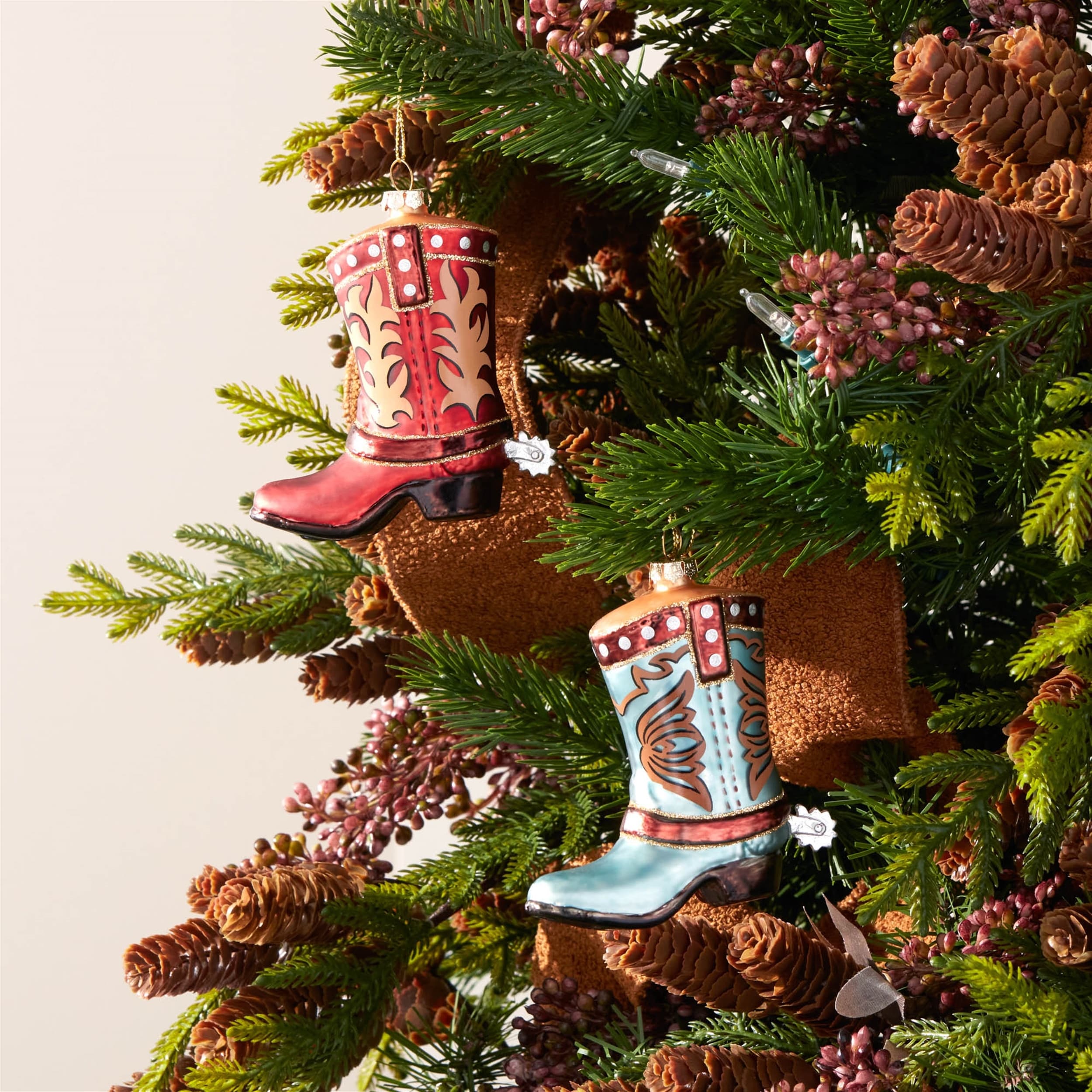 Set of 6 Red and Blue Cowboy Boot Glass Ornaments Rustic Western Style for Holiday Tree Decor - 3.5”L x 1.5”W x 4.25”H