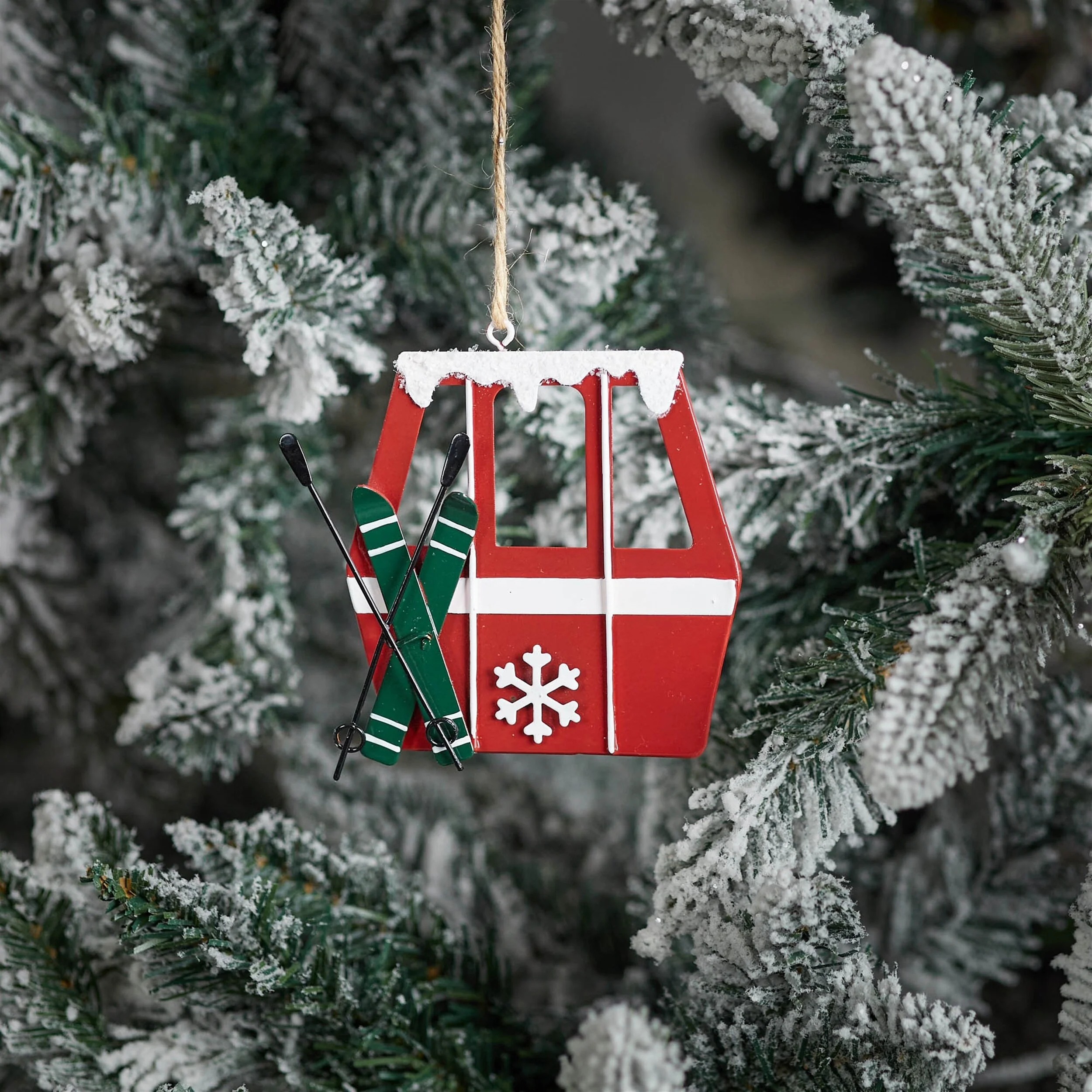 Set of 12 Red and White Metal Gondola Ornaments with Ski Poles for Rustic Christmas Tree Decor - 3.75”L x 0.25”W x 4”H