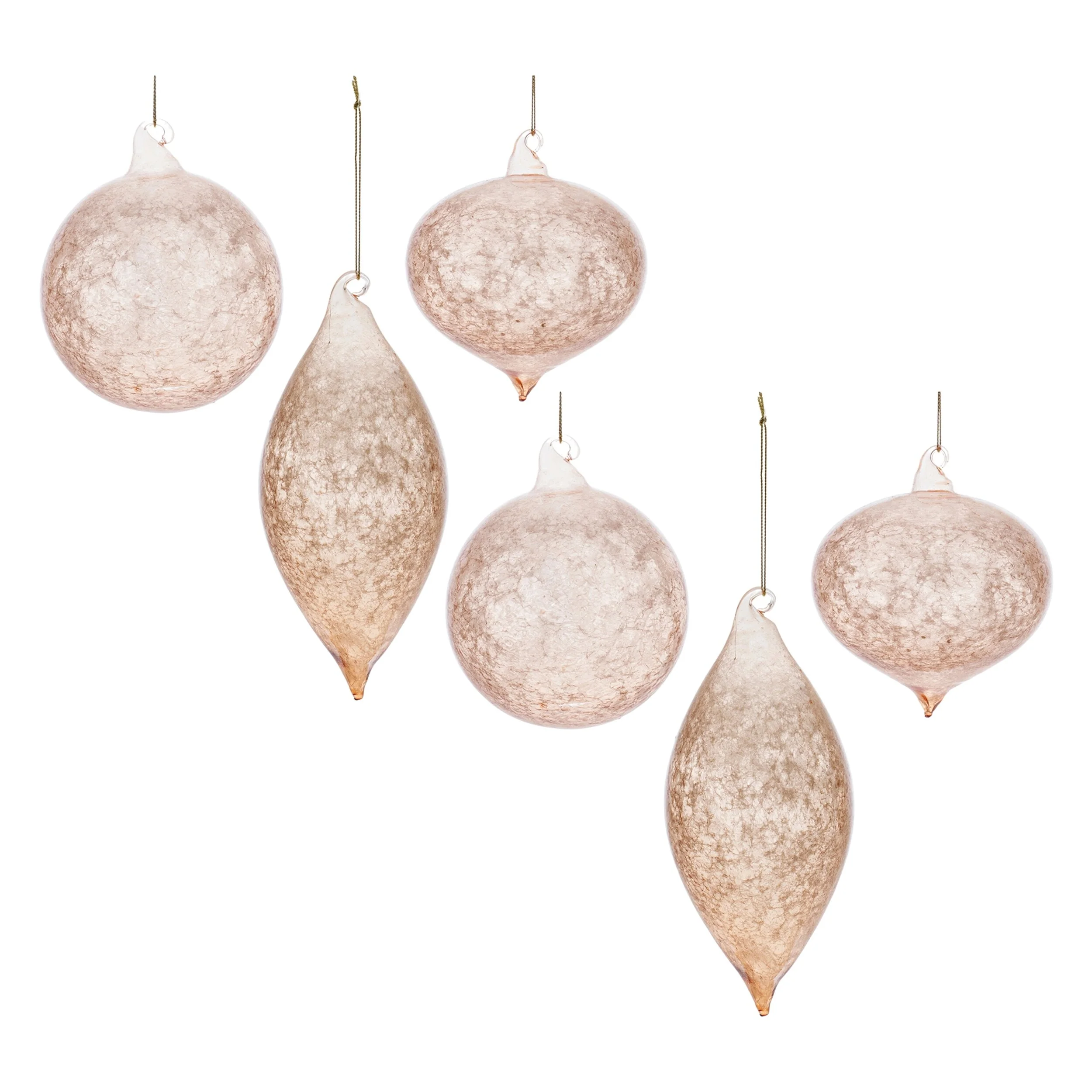 Set of 6 Glass Christmas Ornaments with Gold and Blush Swirl Design - 3 x 3 x 7.25
