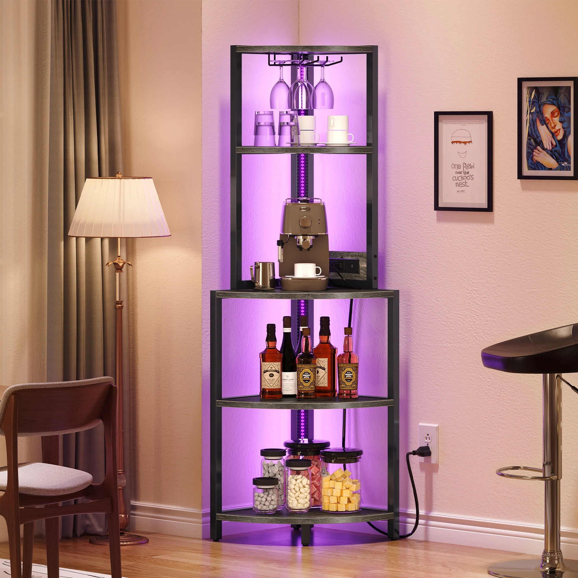 Moasis Freestanding Corner Wine Rack with Glass Holder and Storage Shelf