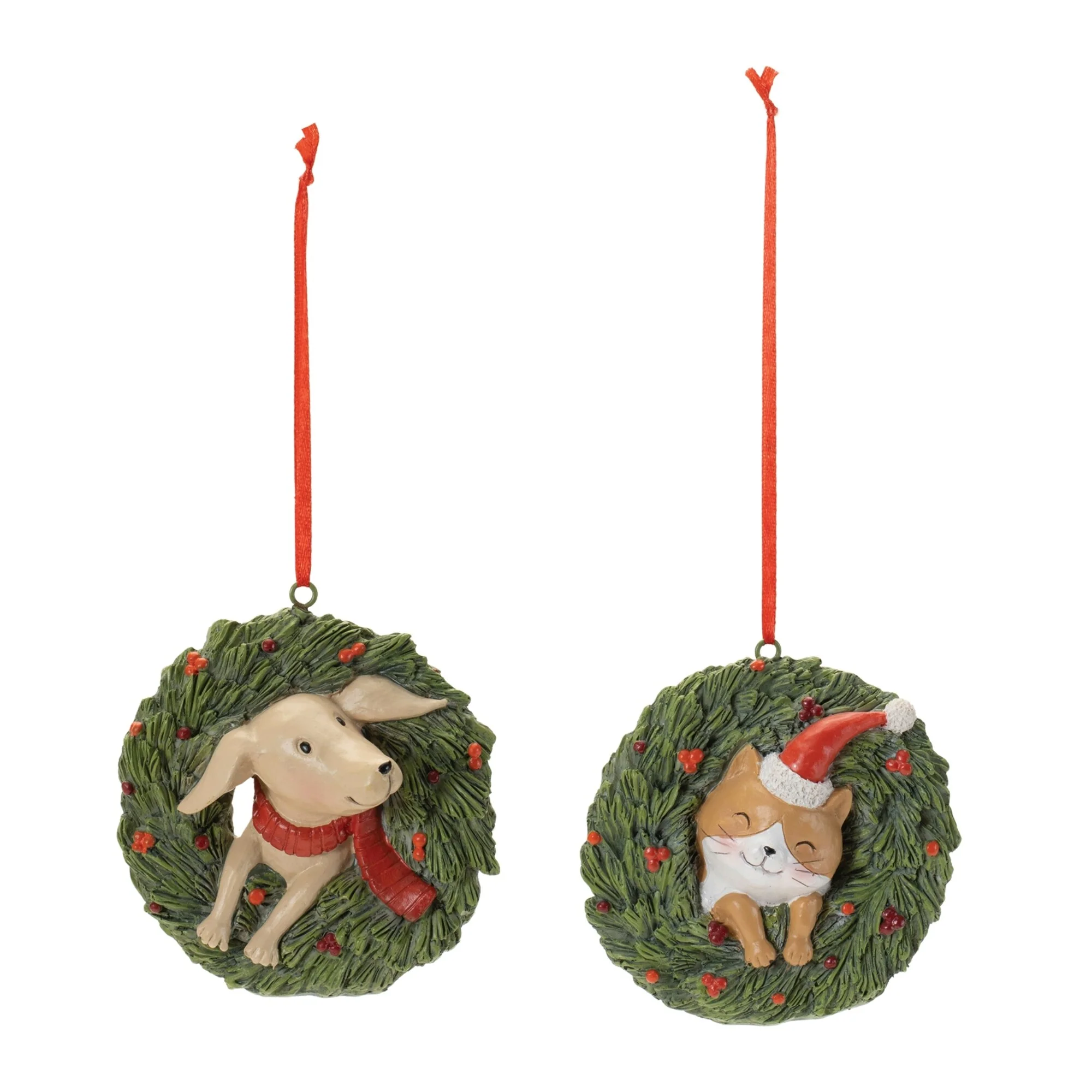 Cat and Dog in Wreath Christmas Ornaments - 3.75