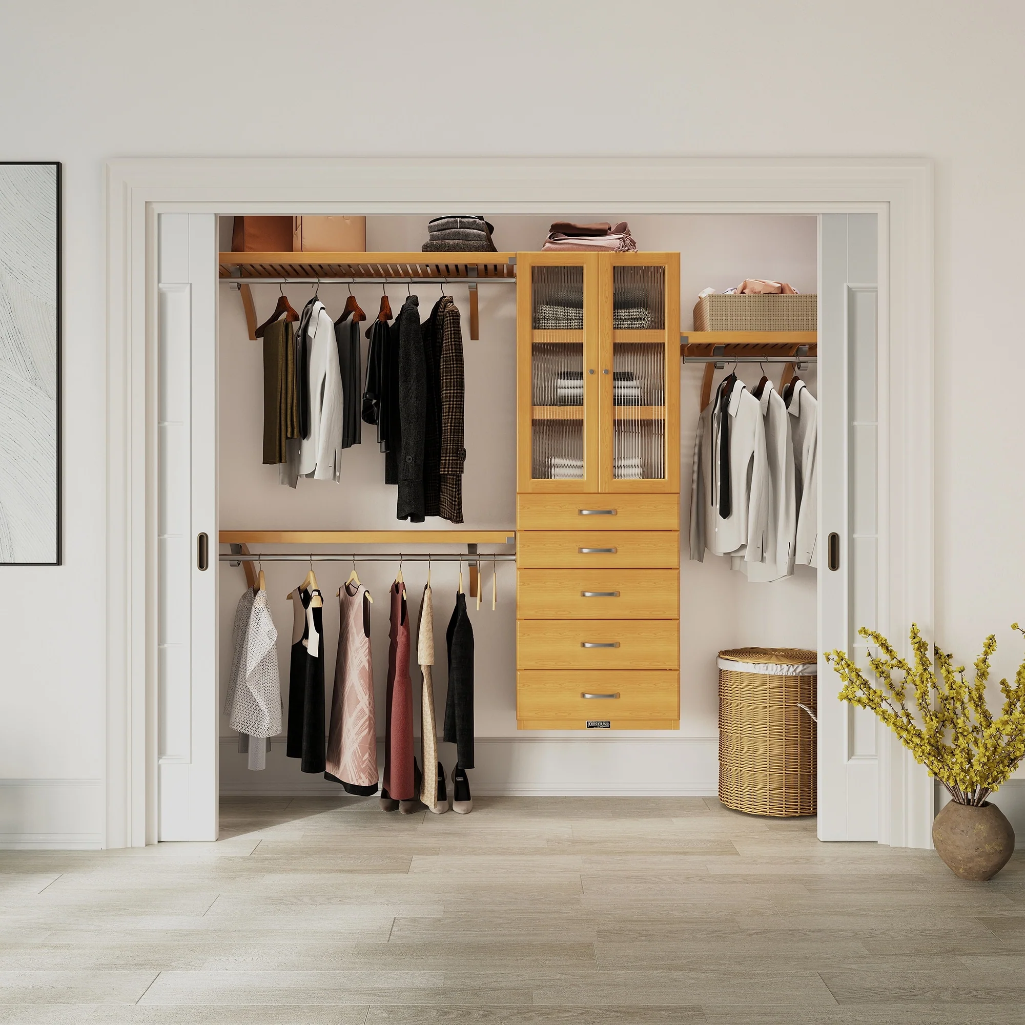 John Louis Home Solid Wood Reach-In Closet System with 5-Drawers and Doors Honey Maple