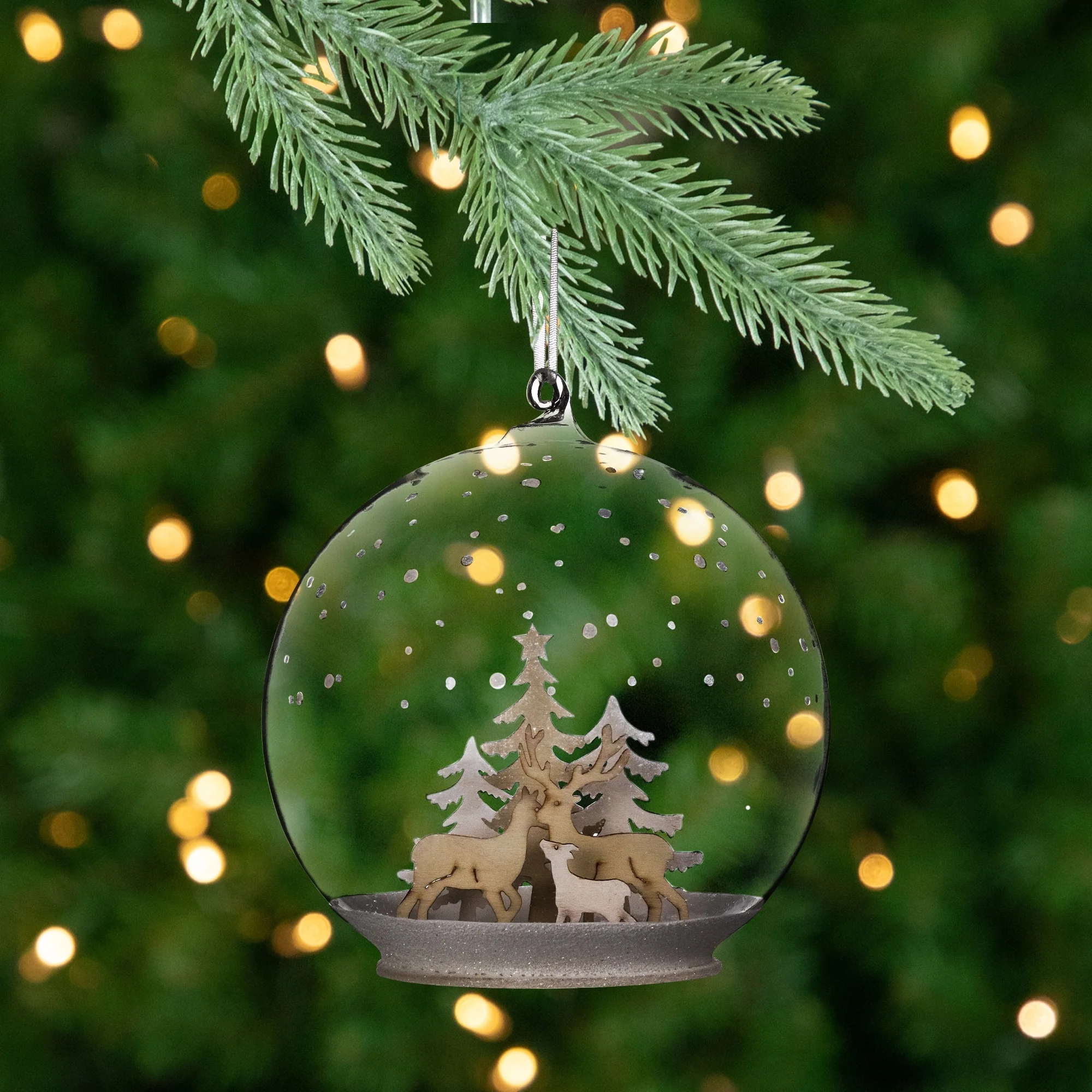 Deer Family in Snow Glass Globe Christmas Ornament - 4.75