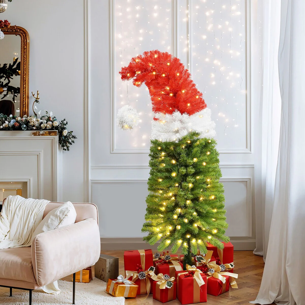 5Ft Pre-Lit Artificial Tree with Santa Hat Treetop with 8 Lighting Modes - 60