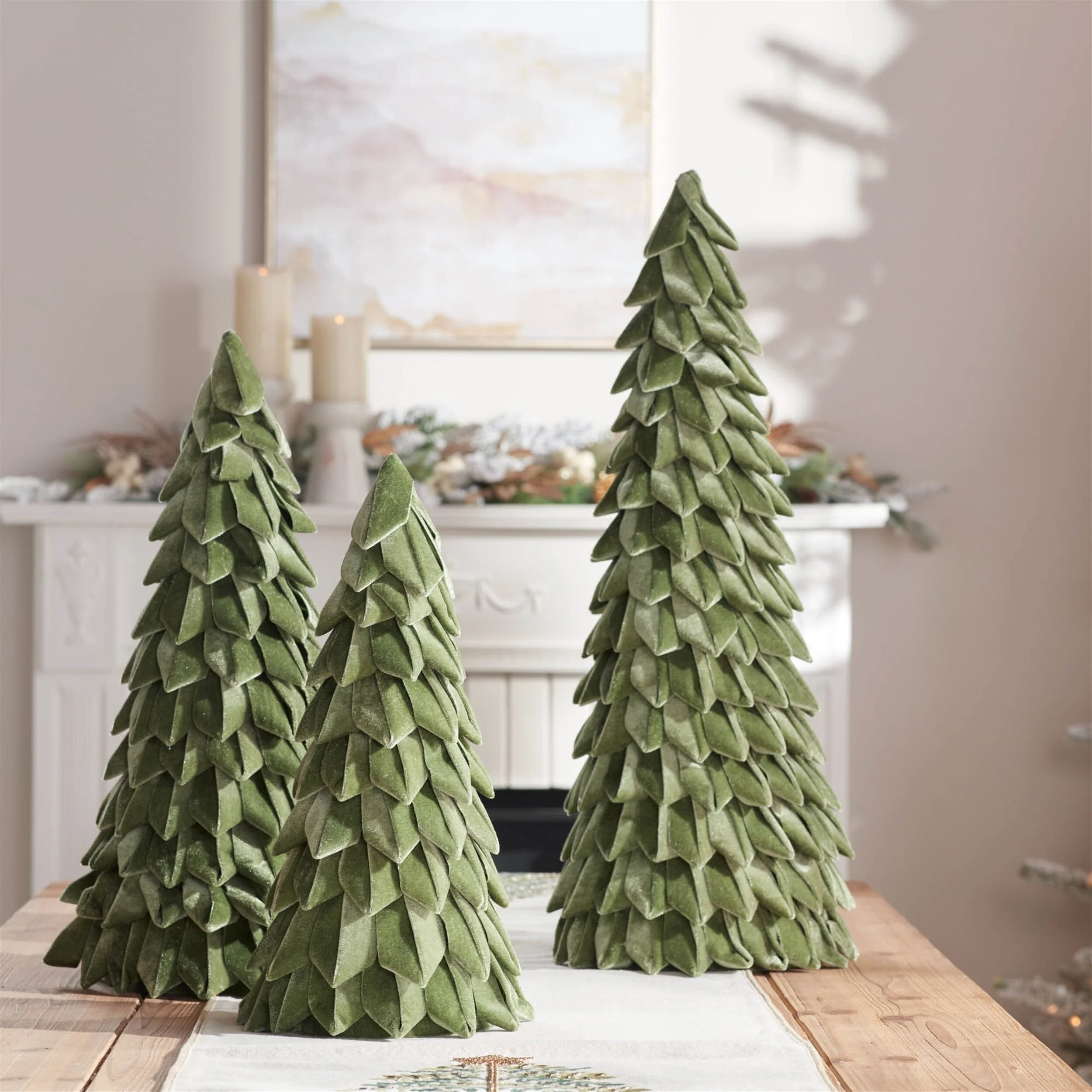 Green Polyester Paper Cone Trees with Soft Fabric Design for Indoor Decor Set of 2 - 9.75” x 9.75” x 19.75” (L x W x H)