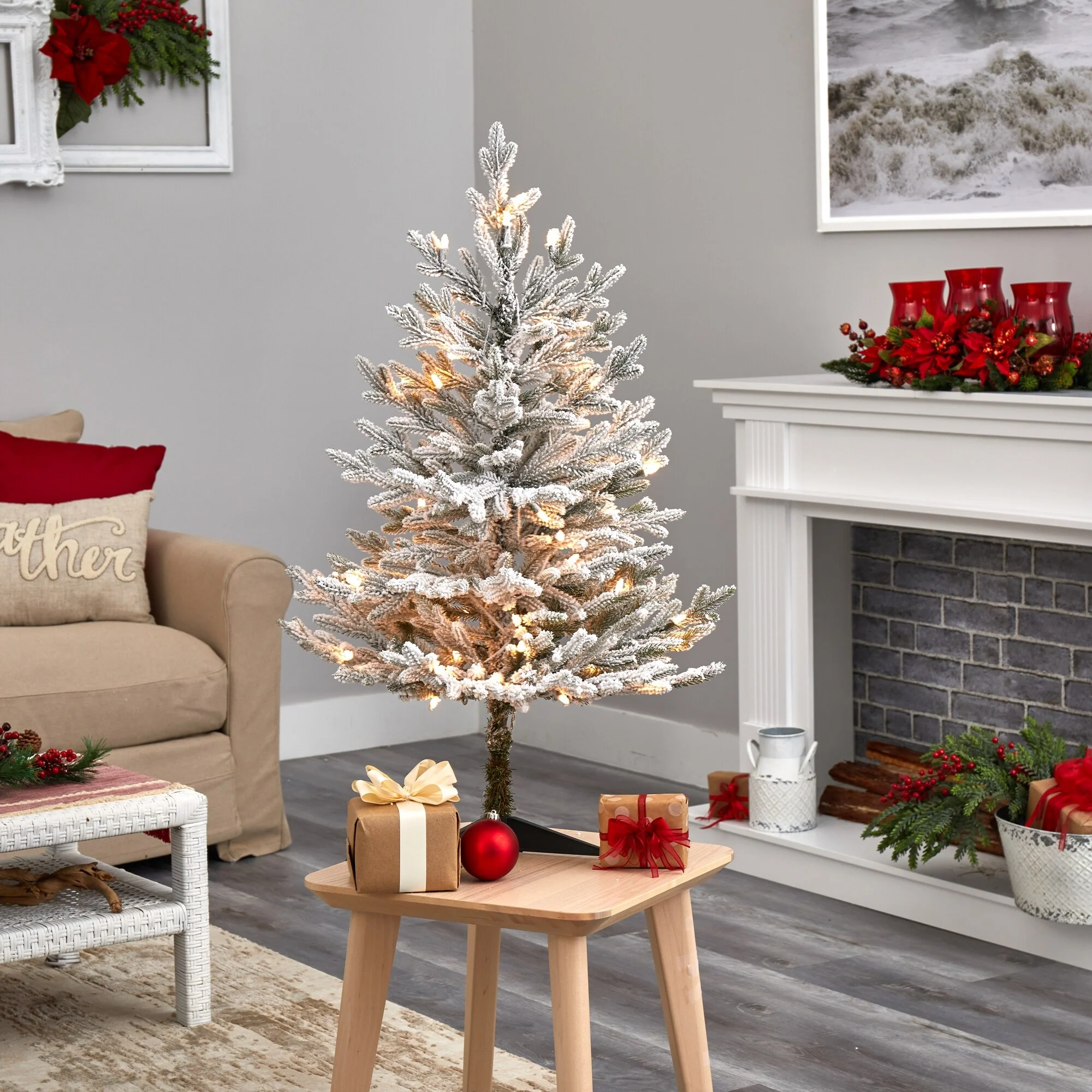 3’ Pre-Lit Flocked Fraser Fir Artificial Christmas Tree, Clear LED Lights - 3 Foot
