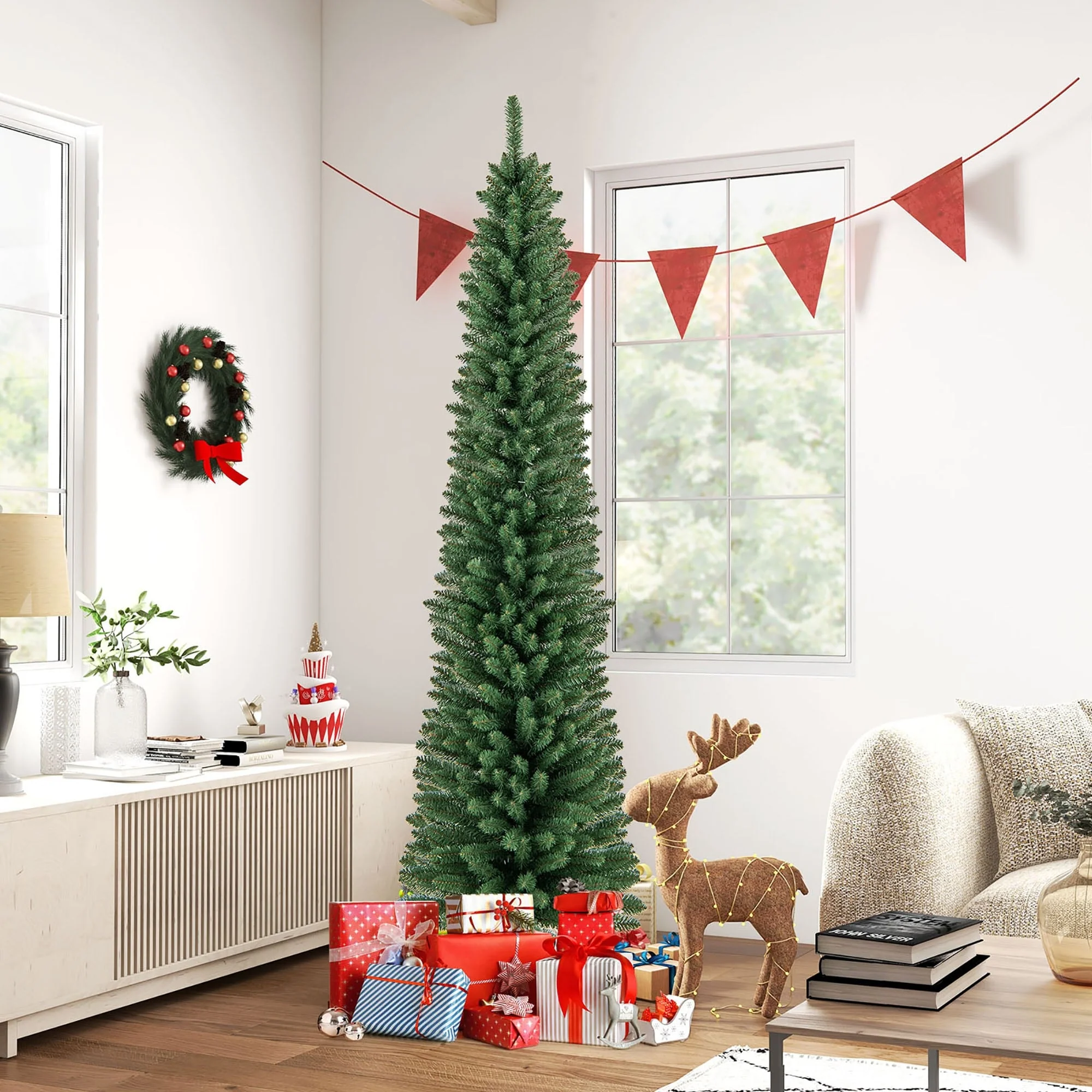 Gymax 7/8 FT Pencil Christmas Tree Artificial Xmas Tree w/ 523/671 - See Details