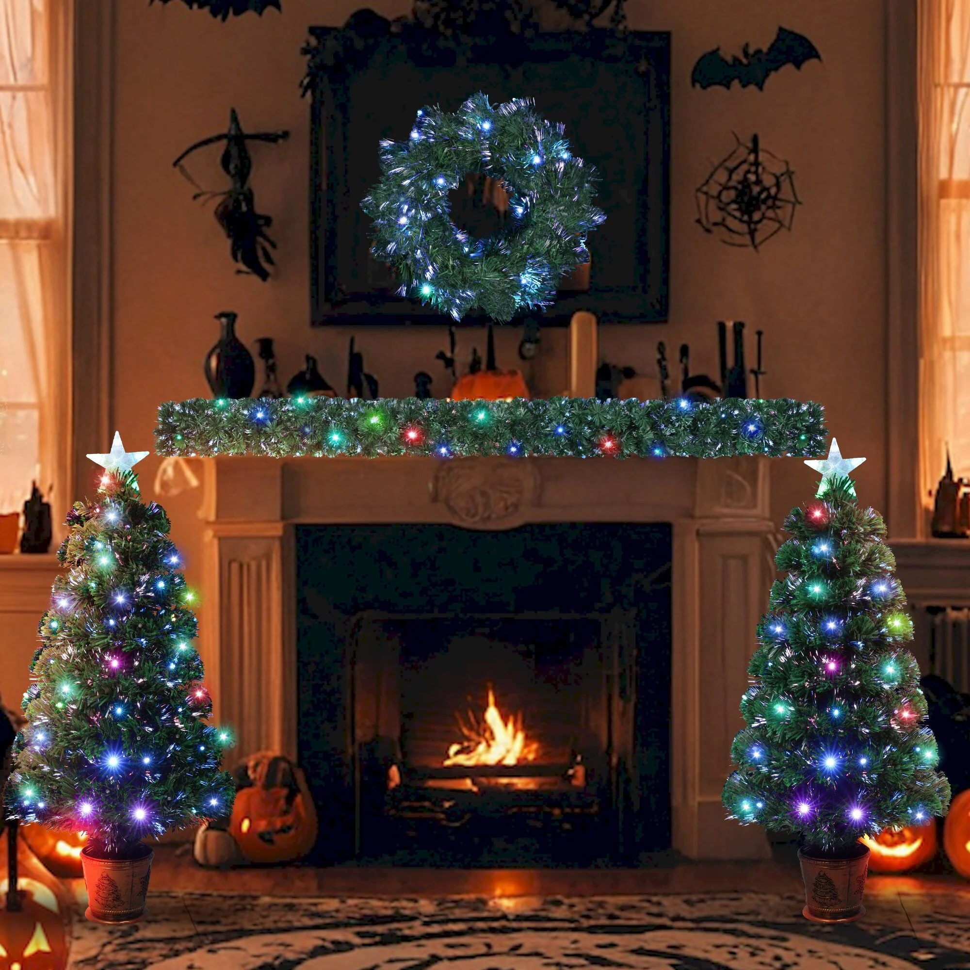 4-Piece Christmas Tree Set with Fiber Optic Lights, Wreath, Garland, and 2 Entrance Trees, Colorful LED Lights