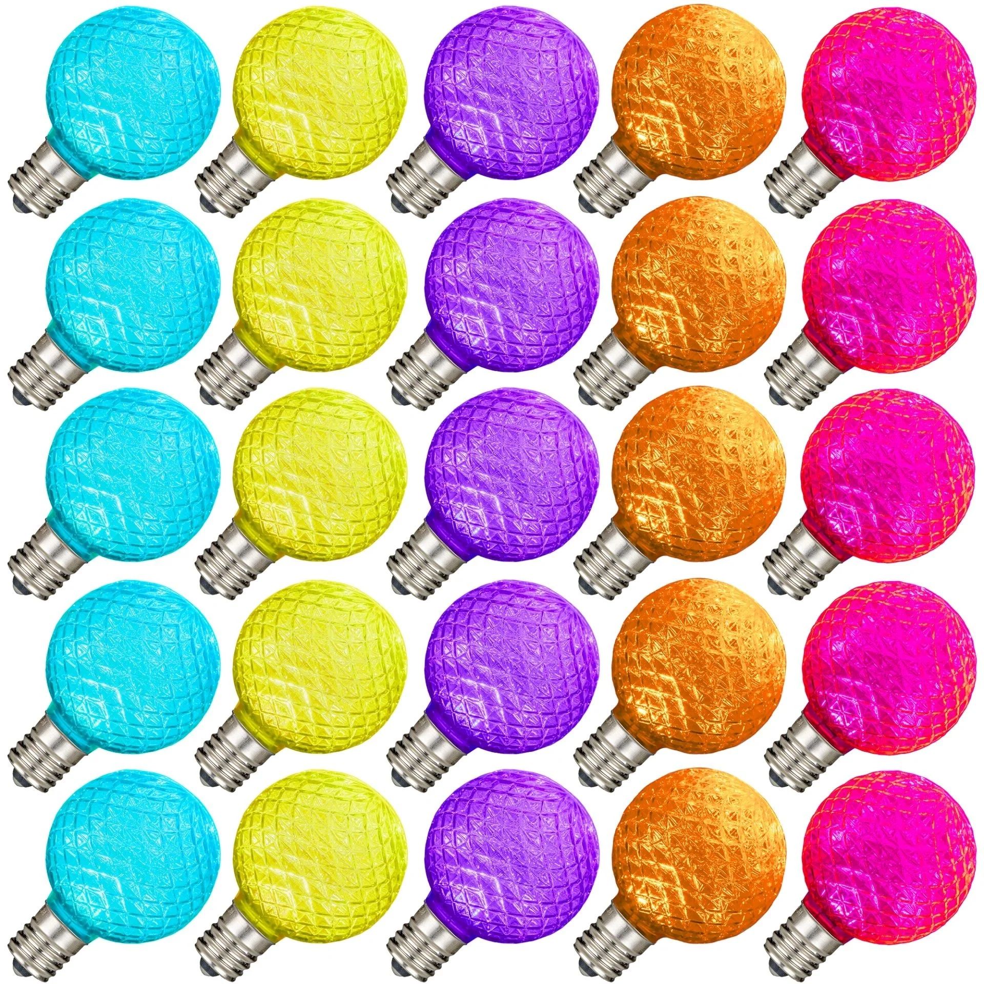 25 Pack LED G50 Faceted Plastic Filament Outdoor Globe Replacement Bulbs, Modern Multicolor