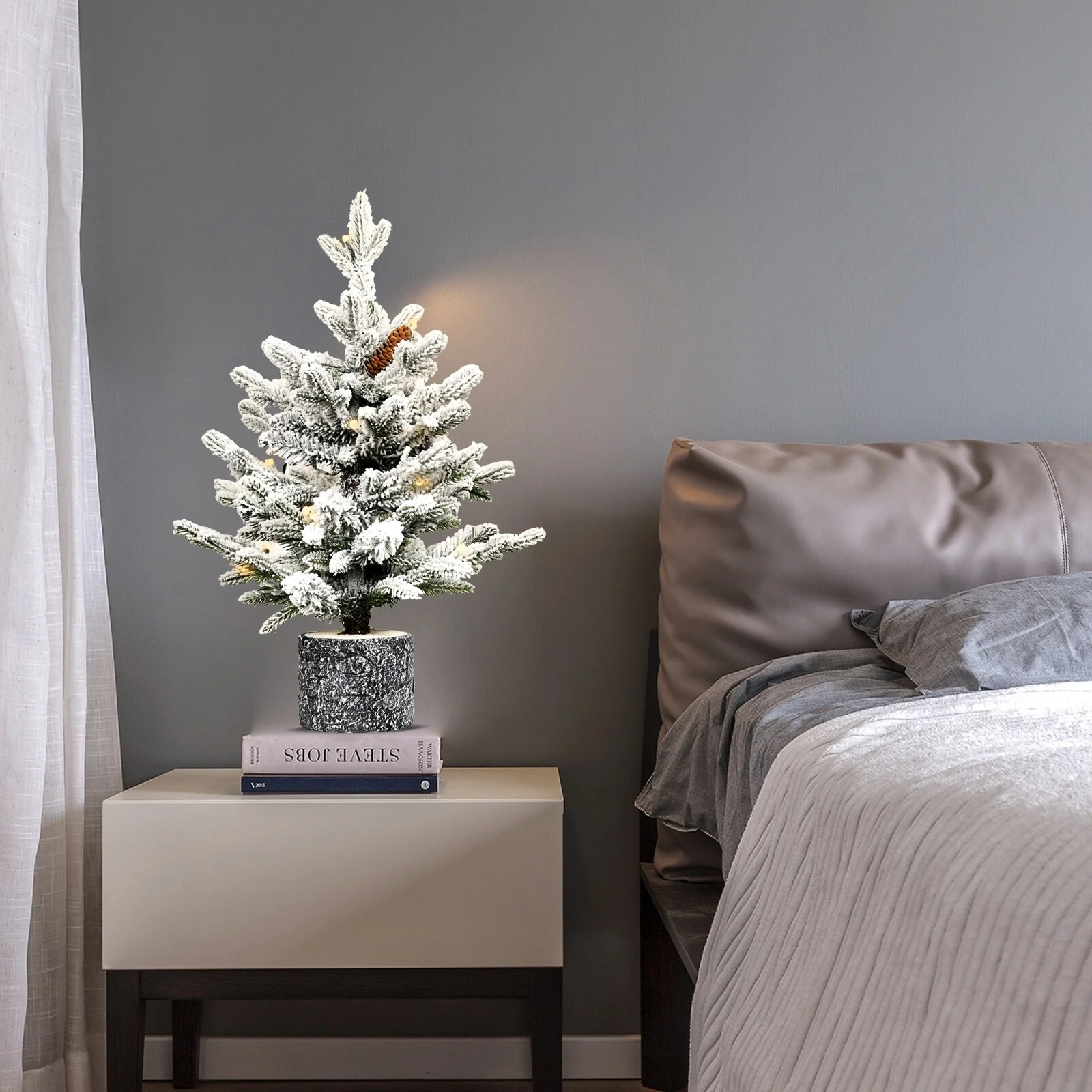 2FT Flocked Christmas Tree with Pot Base, 30 Warm White LED Lights, 189 Tips,3 Pine Cones-Small Prelit