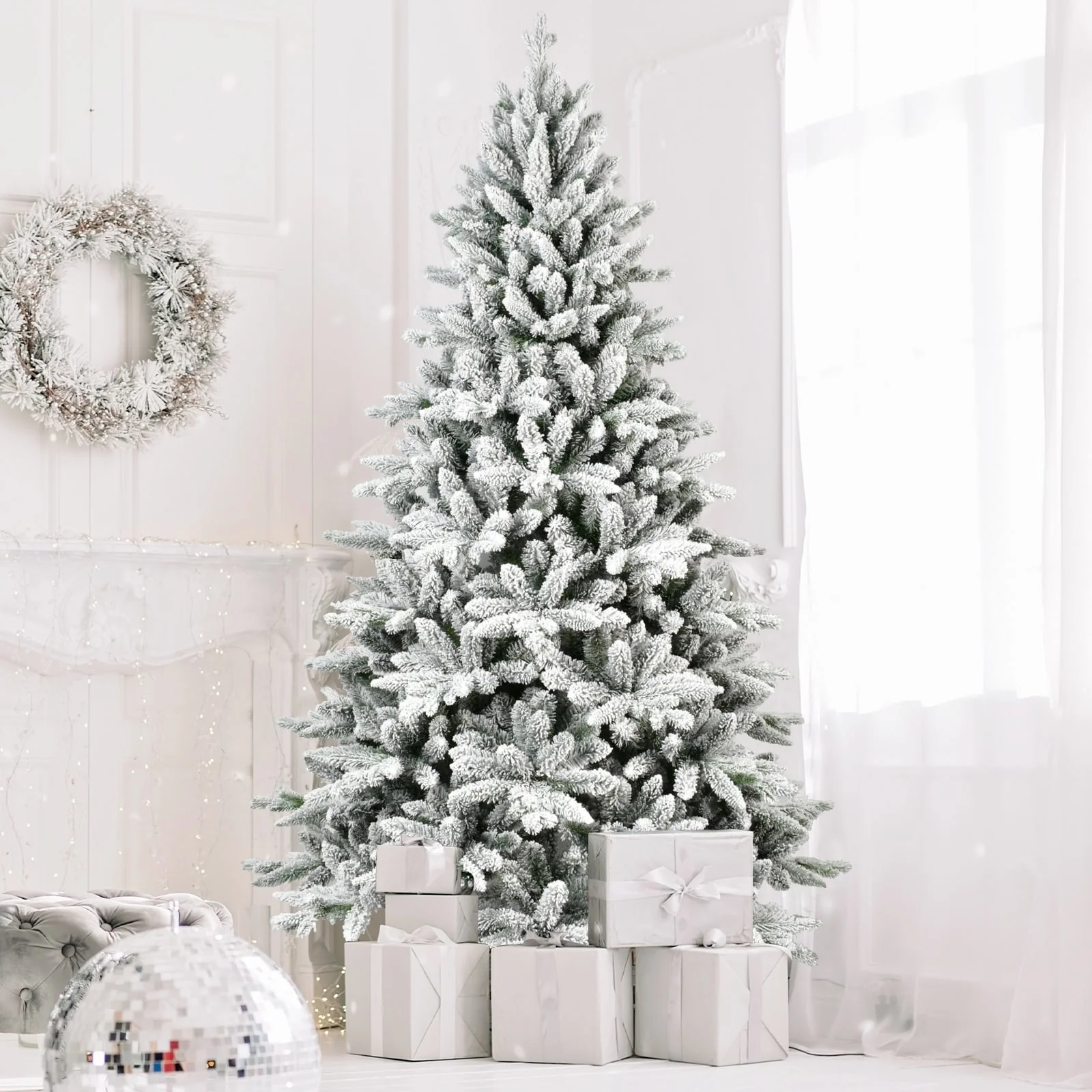 5-7ft Flocked PE+PVC Christmas Tree with 768 Tips and Automatic Unfolding Design