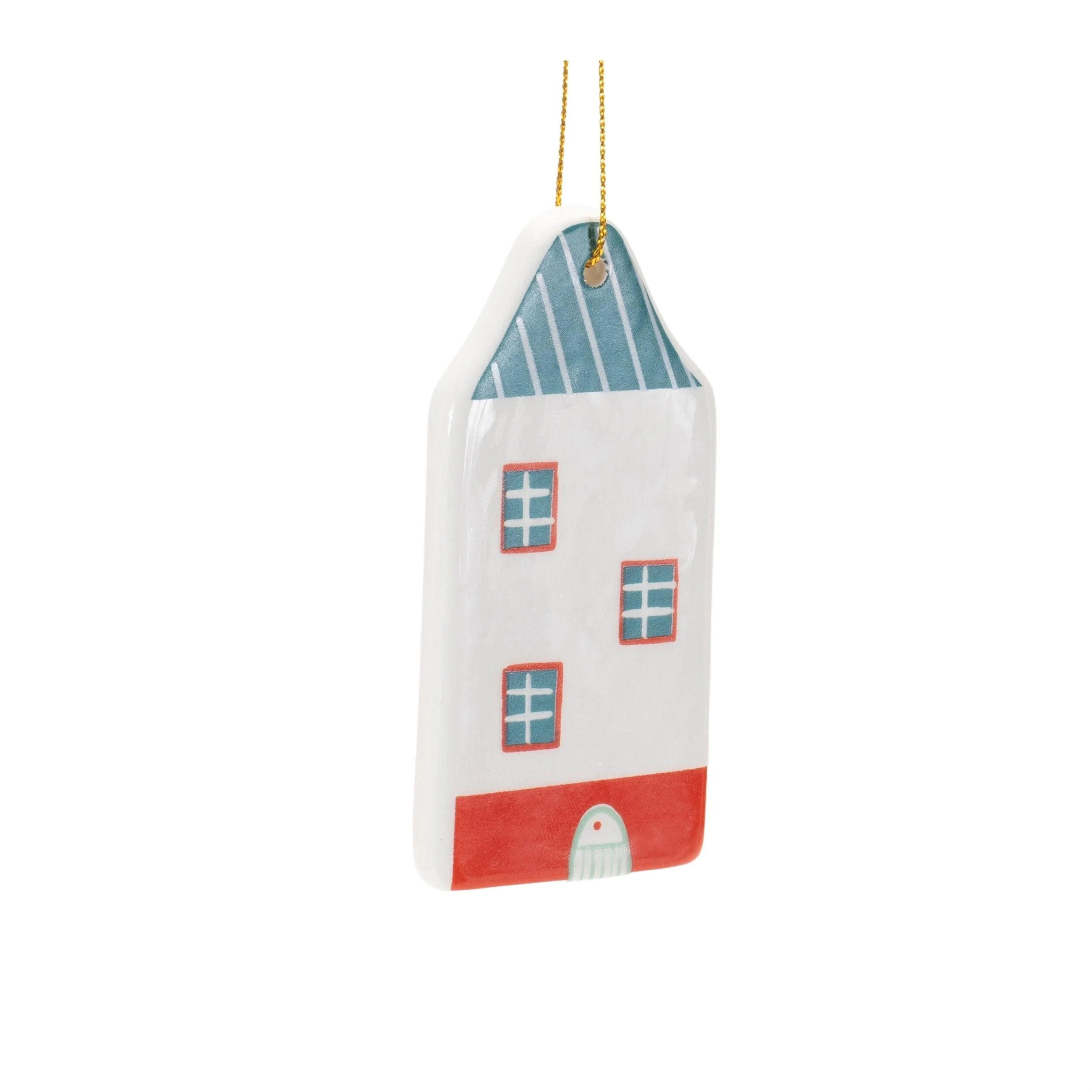 Set of 12 Modern Ceramic Winter House Ornaments with Glossy Red Green Finish for Holiday Decor - 2.25”L x 0.5”W x 3.25”H