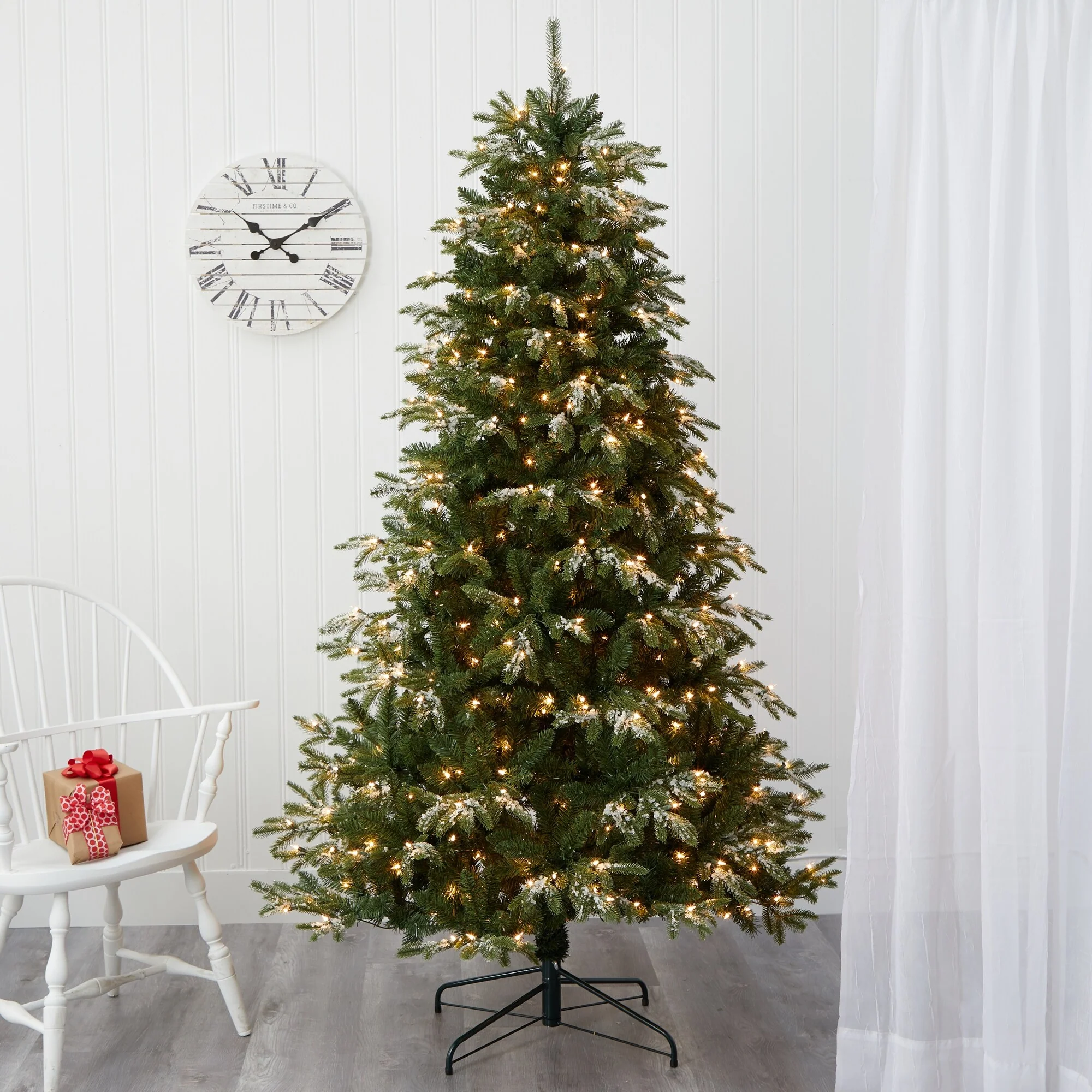 7’ Pre-Lit Snowed Teton Fir Artificial Christmas Tree, Clear LED Lights - 7 Foot