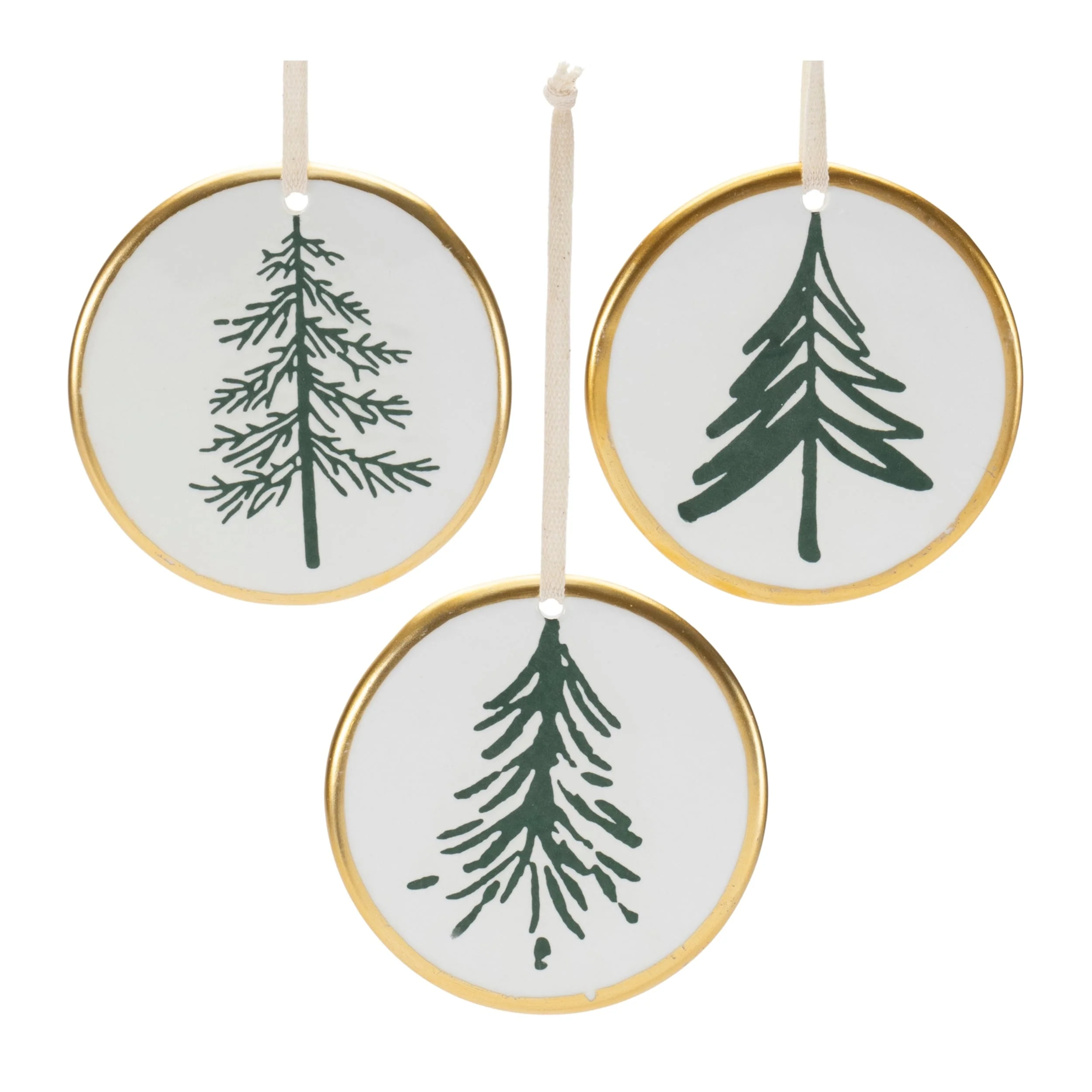 Set of 12 White Green Gold Ceramic Christmas Tree Ornaments Pine Disc Decor for Tree - 3.25”L x 0.25”W x 3.5”H