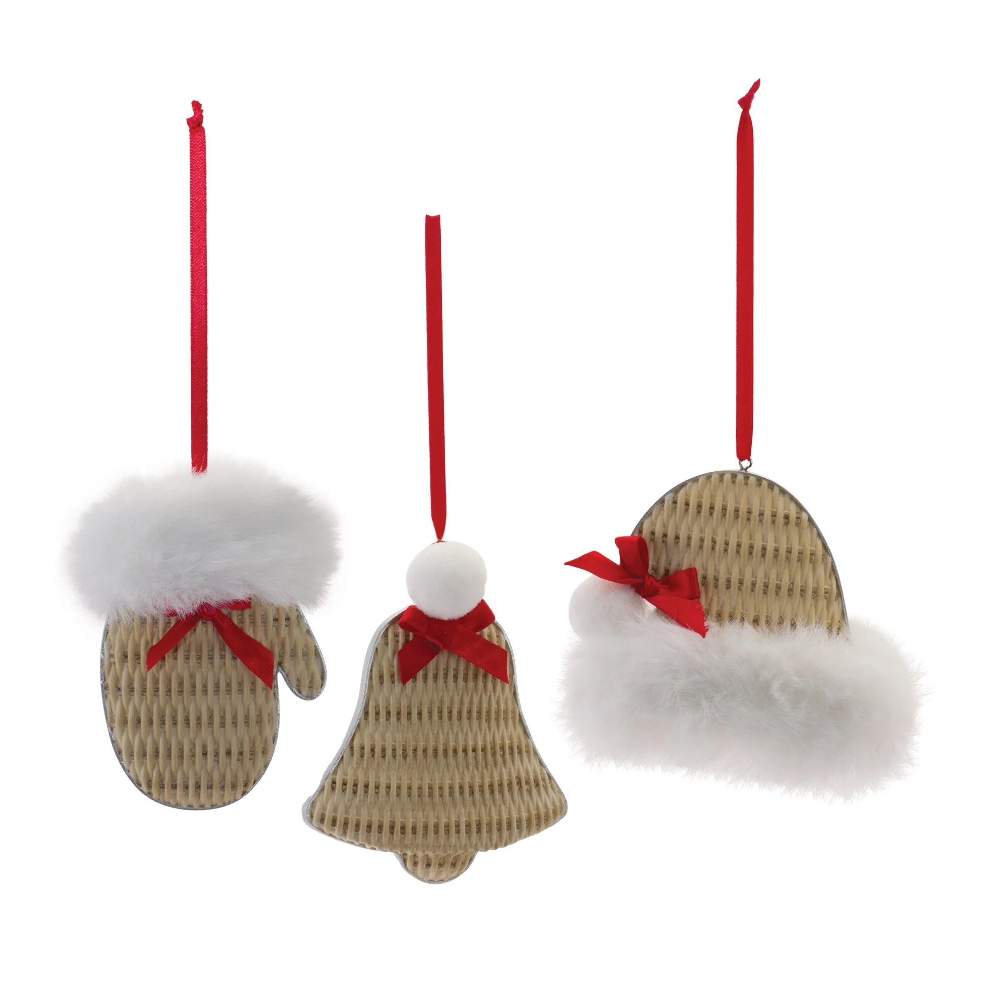 Wicker Mitten, Hat and Bell Christmas Ornaments - 4.5