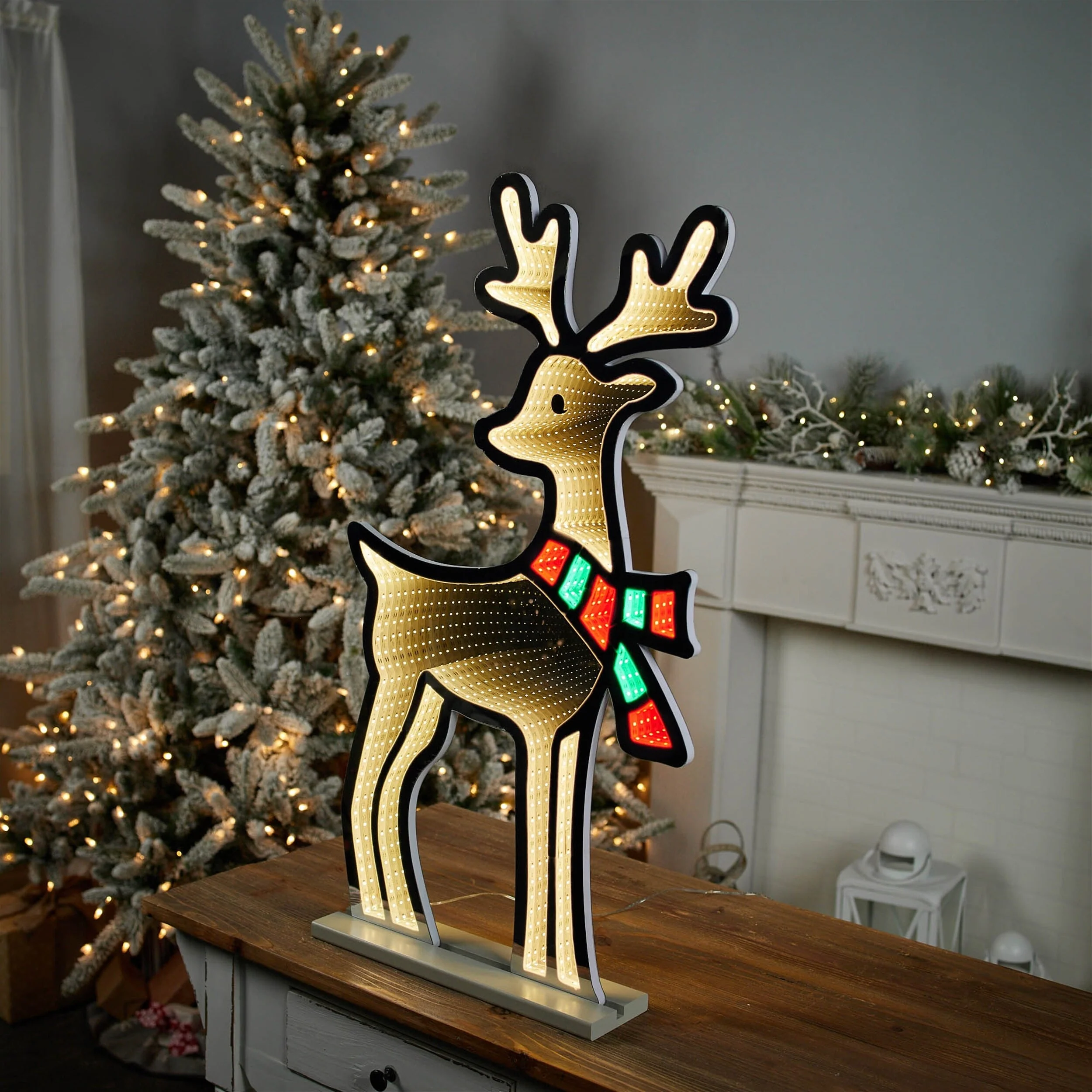 Acrylic Plastic Deer with Scarf and 33 inches Infinity Light Effect - 18” x 4” x 33” (L x W x H)