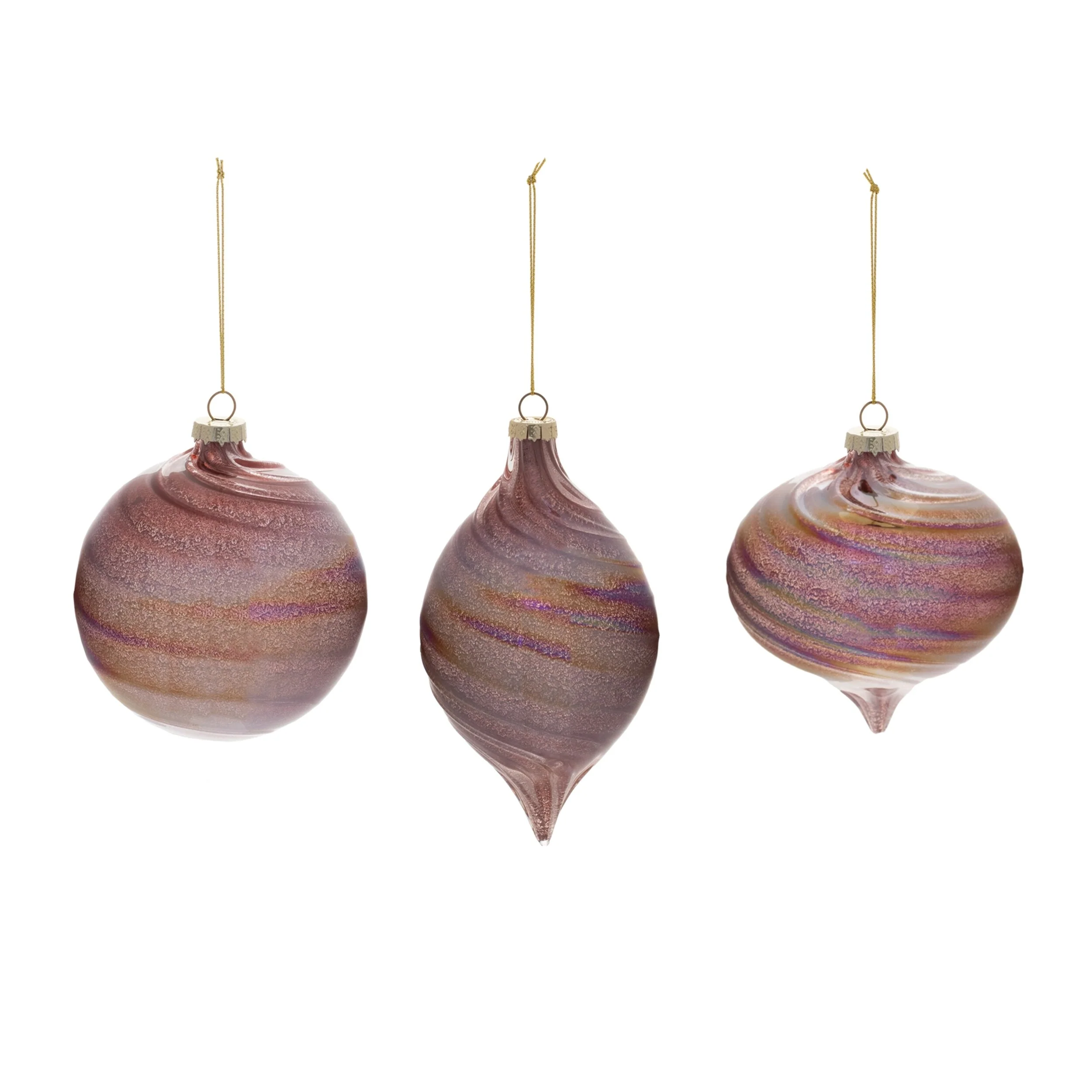 Purple Glass Iridescent Swirl Ornaments Set of 6 Ball and Onion Holiday Decor - 3” x 3” x 6” (L x W x H)